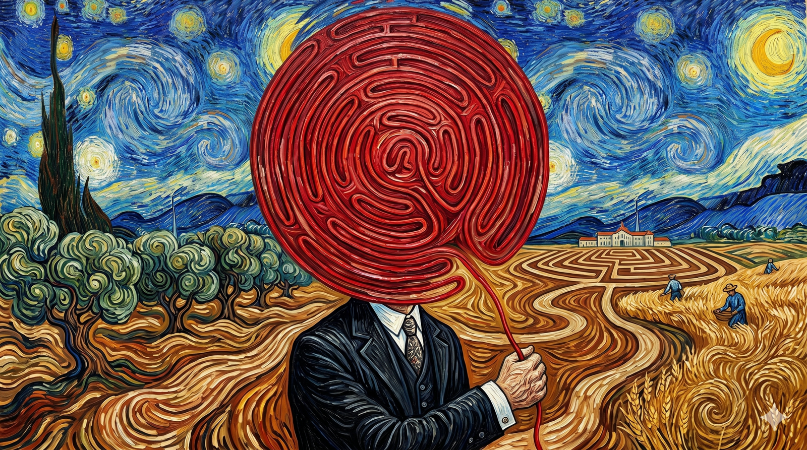 "Vincent van Gogh'un 'Yıldızlı Gece' ve 'Buğday Tarlası' tablolarının tarzında yapılmış sürrealist bir yağlı boya tablo. Ön planda, siyah takım elbiseli, başının yerinde devasa, dairesel, kırmızı bir labirent bulunan bir adam figürü yer alıyor. Adamın sağ eli, labirentten çıkan kırmızı bir ipi tutuyor. Arka planda sarmal mavi gökyüzü, yıldızlar, hilal, selvi ağaçları ve çalışan figürlerin olduğu buğday tarlaları görülüyor. Tüm tablo, kalın impasto fırça darbeleriyle oluşturulmuş."