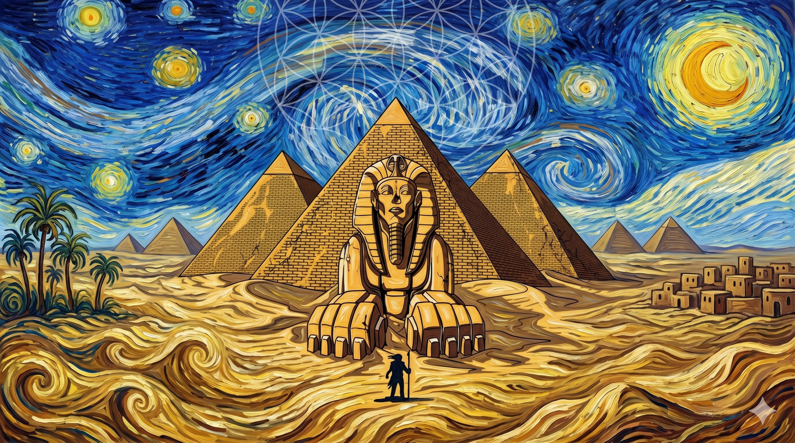 Vincent van Gogh'un ikonik Post-İzlenimci tarzında, kalın impasto fırça darbeleriyle resmedilmiş sürrealist bir yağlı boya tablosu. Giza piramitleri, Büyük Sfenks ve bir çölde yürüyen bedevi figürü, Van Gogh'un "Yıldızlı Gece" tablosunu andıran sarmal mavi gökyüzü, parlayan yıldızlar ve hilal ile birleştirilmiş. Gökyüzünde piramitlerin üzerinde beyaz, geometrik bir "Yaşam Çiçeği" sembolü yüzerken, çöl kumu sarmal girdaplar oluşturuyor. Sol tarafta zeytin ağaçları, sağda küçük bir kerpiç köy yer alıyor. Renk paleti canlı sarılar, altınlar, maviler ve yeşillerden oluşuyor.