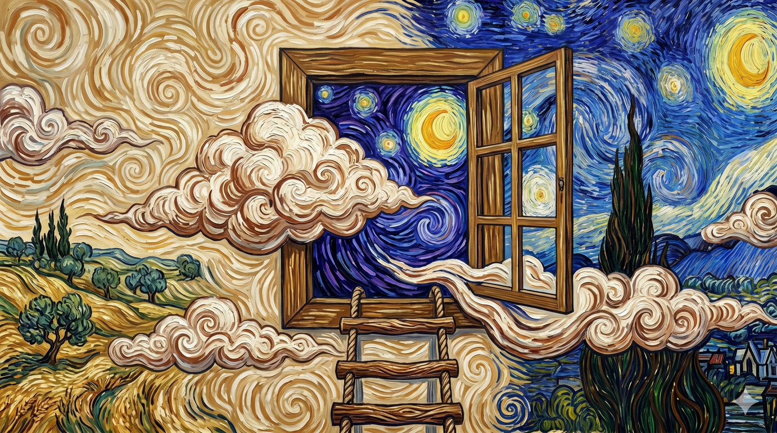 Vincent van Gogh'un "Yıldızlı Gece" tarzında, sarmal fırça darbeleriyle yapılmış sürrealist bir yağlı boya tablo. Ön planda, açık duran ahşap bir pencereye dayalı ip merdiven görülüyor. Pencerenin içinden, girdap gibi dönen karanlık mavi gökyüzü, yıldızlar ve hilalden oluşan "Yıldızlı Gece" manzarası görülürken; pencerenin dışındaki dünya, sol tarafta altın sarısı buğday tarlaları ve zeytin ağaçları, sağ tarafta ise sarmal koyu mavi gökyüzü ve dev bir selvi ağacı ile ikiye bölünmüş durumdadır. Resmin tamamı kalın, kıvrımlı impasto fırça darbeleriyle oluşturulmuş sürreal bir bütünlüktür.