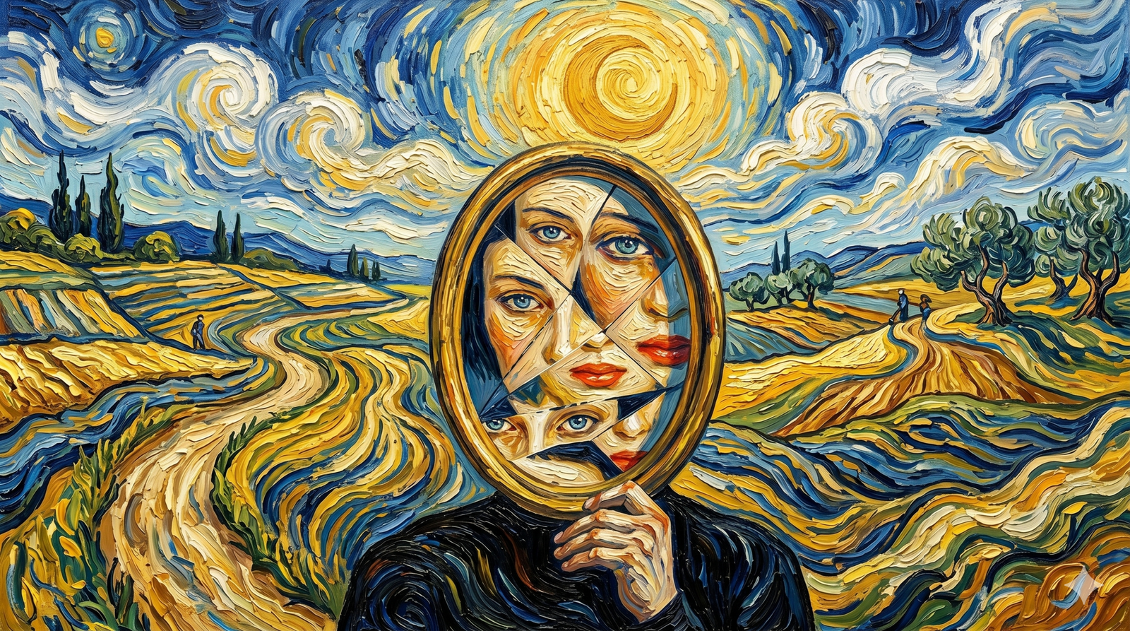Merkeze yerleştirilmiş, içinde parçalı bir kadın yüzü yansıyan oval altın bir aynayı tutan figürün, Van Gogh tarzında, kalın impasto fırça darbeleri ve dönen desenlerle yapılmış sürrealist yağlı boya tablosu. Figür, dönen sarı başak tarlaları, selvi ağaçları ve zeytin ağaçlarından oluşan geniş bir manzaranın ortasındadır; gökyüzü, devasa, dönen bir güneş ve bulut girdaplarıyla doludur. Aynadaki yansıma, Screenshot 2026-05-01 at 20.48.38.jpg'deki gibi, birden fazla mavi göz ve kırmızı dudağın geometrik olarak bölünmüş bir kolajıdır.