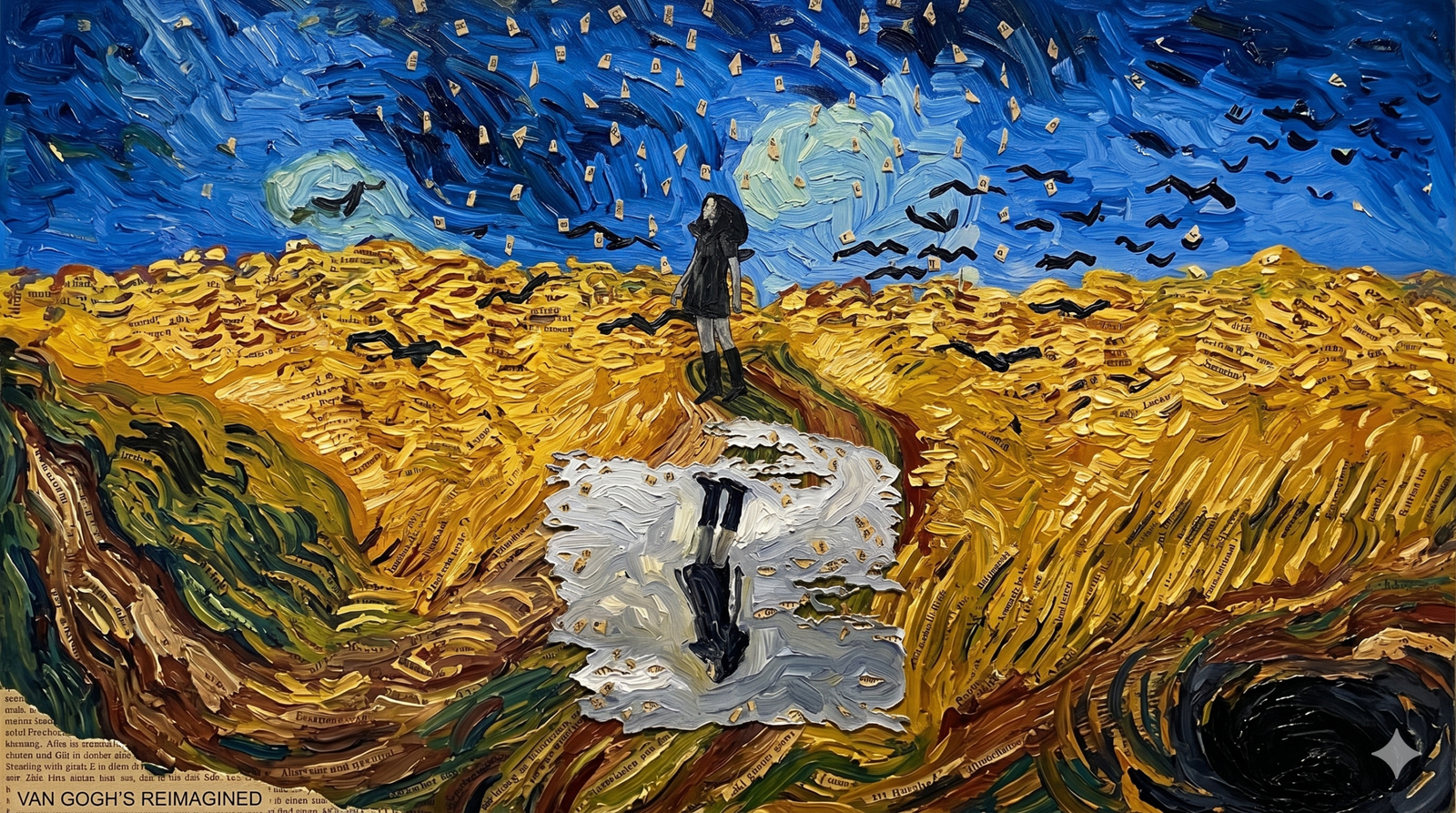 Vincent van Gogh'un post-empresyonist stilinde yapılmış yatay bir tablo. Görselde, dokulu sarı ekinlerle dolu bir tarlada duran ve gökyüzüne bakan siyah ceketli bir kadın figürü görülüyor. Gökyüzü girdaplı mavi tonlarda, kağıt parçalarından oluşan yağmur ve uçan siyah kuş figürleriyle dolu. Kadının hemen altında, beyaz bir bulutun içinde baş aşağı duran gölge yansıması yer alıyor. Sol alt köşede "VAN GOGH'S REIMAGINED" yazısı ve sağ alt köşede karanlık bir girdap (kara delik) bulunuyor.