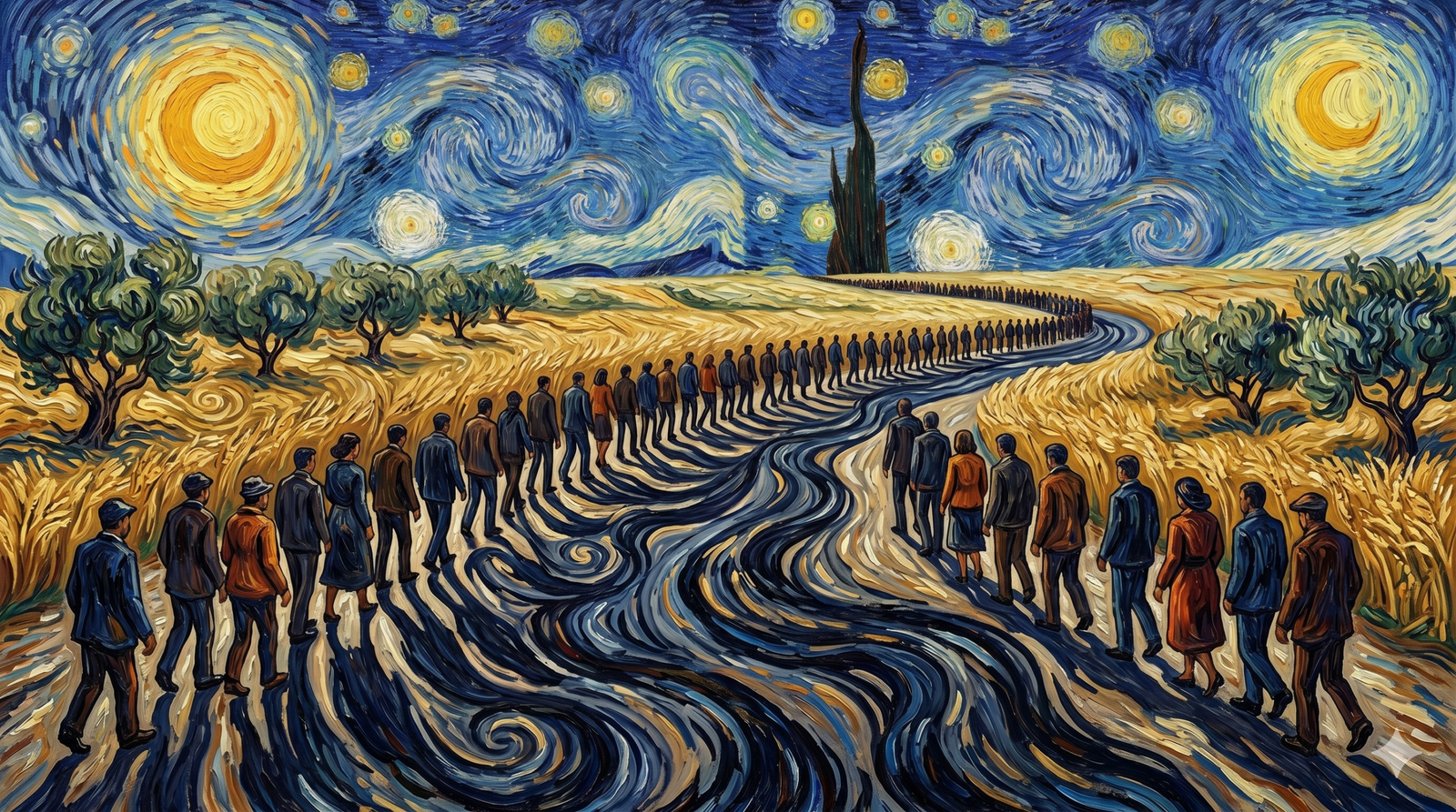 Vincent van Gogh'un "Yıldızlı Gece" tablosunu andıran, sarmal mavi gökyüzü, yıldızlar ve hilal ile dolu bir arka plan önünde, sarı bir buğday tarlasından geçen kıvrımlı bir patikada yürüyen, arkası dönük insanlardan oluşan uzun bir kuyruk. Sağda ve solda zeytin ağaçları yer alırken, uzakta karanlık bir selvi ağacı ve dağlar görülüyor. Tüm tablo, Van Gogh'a özgü yoğun impasto fırça darbeleriyle oluşturulmuş sürreal bir yağlı boya tablodur.