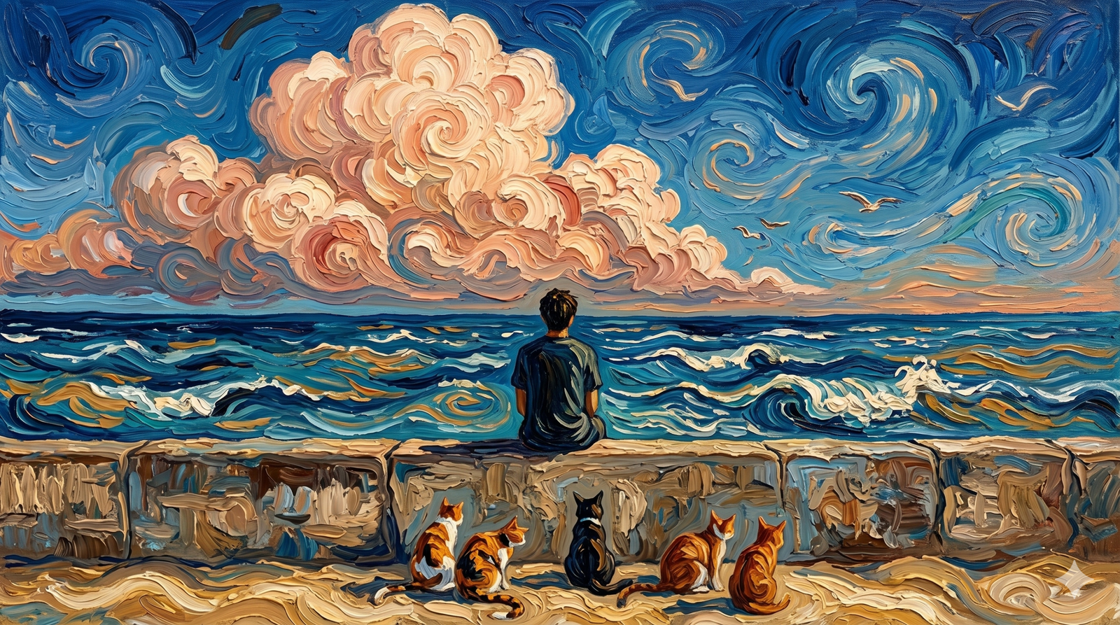 Vincent van Gogh'un post-izlenimci tarzında, kalın fırça darbeleri ve girdaplı gökyüzü formlarıyla oluşturulmuş, deniz kenarında oturan bir figür ve yanındaki kedileri gösteren manzara tablosu.