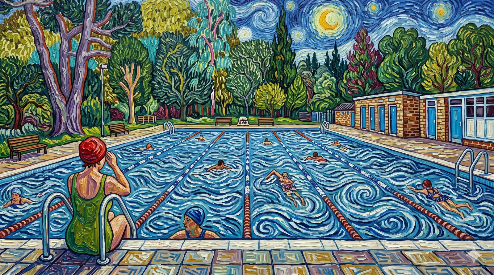 Van Gogh tarzında, kalın ve kıvrımlı fırça darbeleriyle resmedilmiş bir açık hava yüzme havuzu. Havuzun kenarında oturan yeşil mayolu bir kadın, yüzen insanlar, havuzun arkasında gür ağaçlar ve girdaplı, yıldızlı bir gece gökyüzü görülüyor.