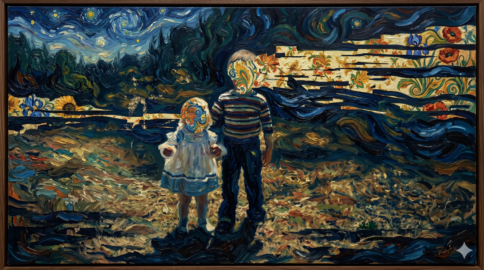 Vincent van Gogh'un post-izlenimci tarzında, kalın ve kıvrımlı fırça darbeleriyle yeniden yorumlanmış, iki küçük çocuğun yer aldığı yatay bir yağlı boya tablo. Çocukların yüzleri çiçek desenli kolajlarla gizlenmiş ve gökyüzü "Yıldızlı Gece" eserini andıran mavi girdaplarla doludur.