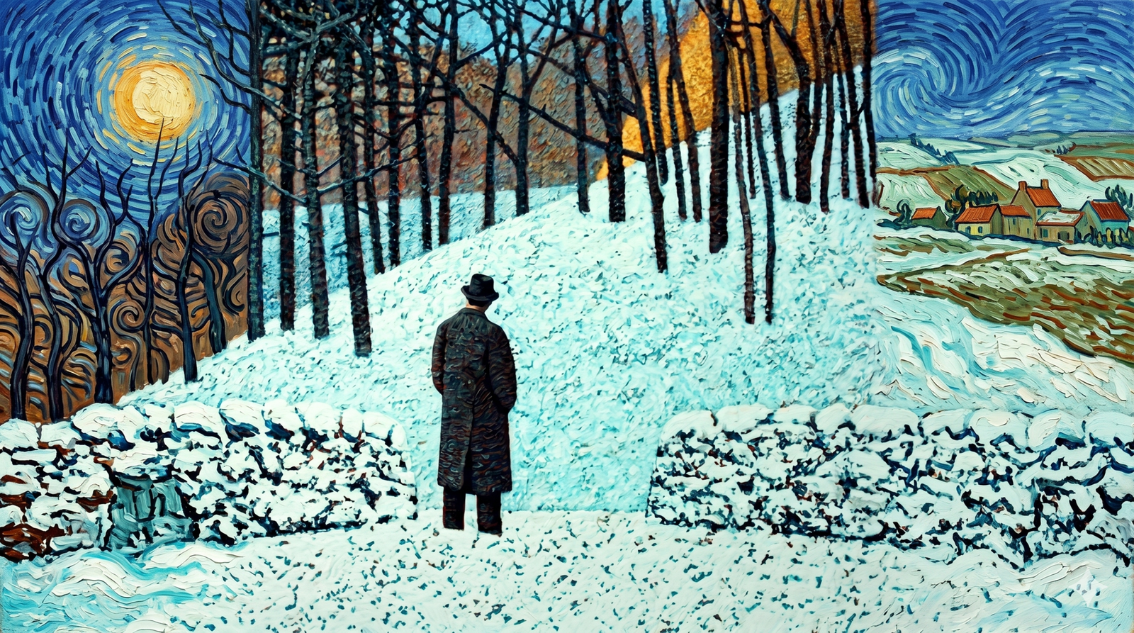 Vincent van Gogh'un post-izlenimci tarzında resmedilmiş, kalın impasto fırça darbelerine sahip geniş bir kış manzarası yağlı boya tablosu. Ön planda, karla kaplı iki taş duvarın arasında, arkası dönük, uzun kahverengi palto ve şapka giymiş bir adam karlı yolda yürümektedir. Arka plandaki ormanda çıplak ağaç gövdeleri ve dalları, Van Gogh'a özgü sarmal desenler ve kalın çizgilerle şekillenmiştir. Sol üstte Van Gogh'un "Yıldızlı Gece" tablosunu andıran devasa, parlak sarı bir güneş ve sarmal gökyüzü, sağda ise Van Gogh'un "Ayçiçekleri" eserini anımsatan sarı ve turuncu renkli ağaç gövdeleri yer alır. Resmin sağ tarafında, sarmal fırça darbeleriyle yapılmış bulutlu mavi gökyüzü altında karla kaplı alanlar ve uzakta küçük, sarmal çatılı evlerden oluşan bir köy görülmektedir. Tablonun dokusu son derece belirgin ve canlıdır.