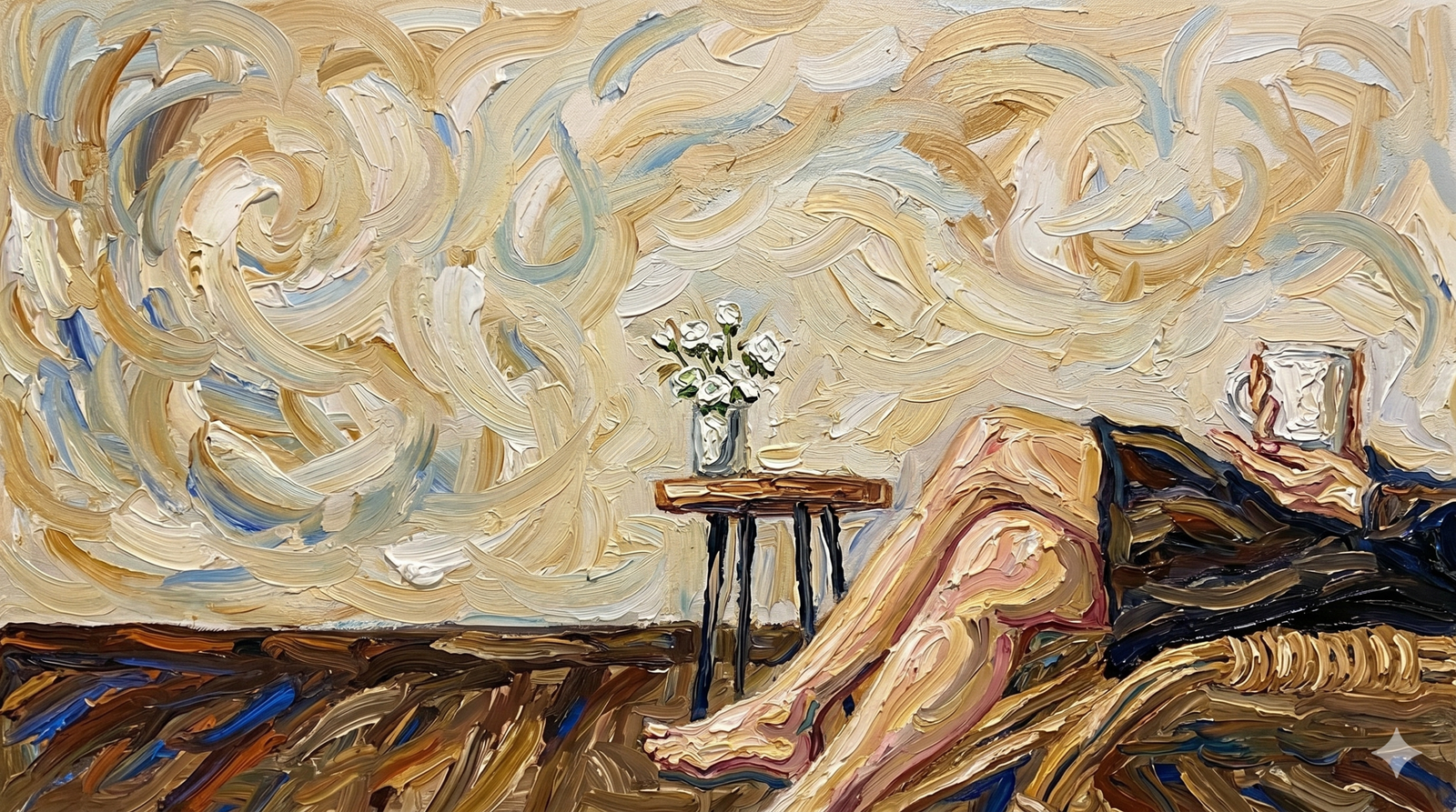 Van Gogh'un post-izlenimci tarzında, kalın fırça darbeleri ve dönen desenlerle betimlenmiş, elinde beyaz bir kupa tutan ve şezlongda dinlenen bir figürün yatay tablosu.