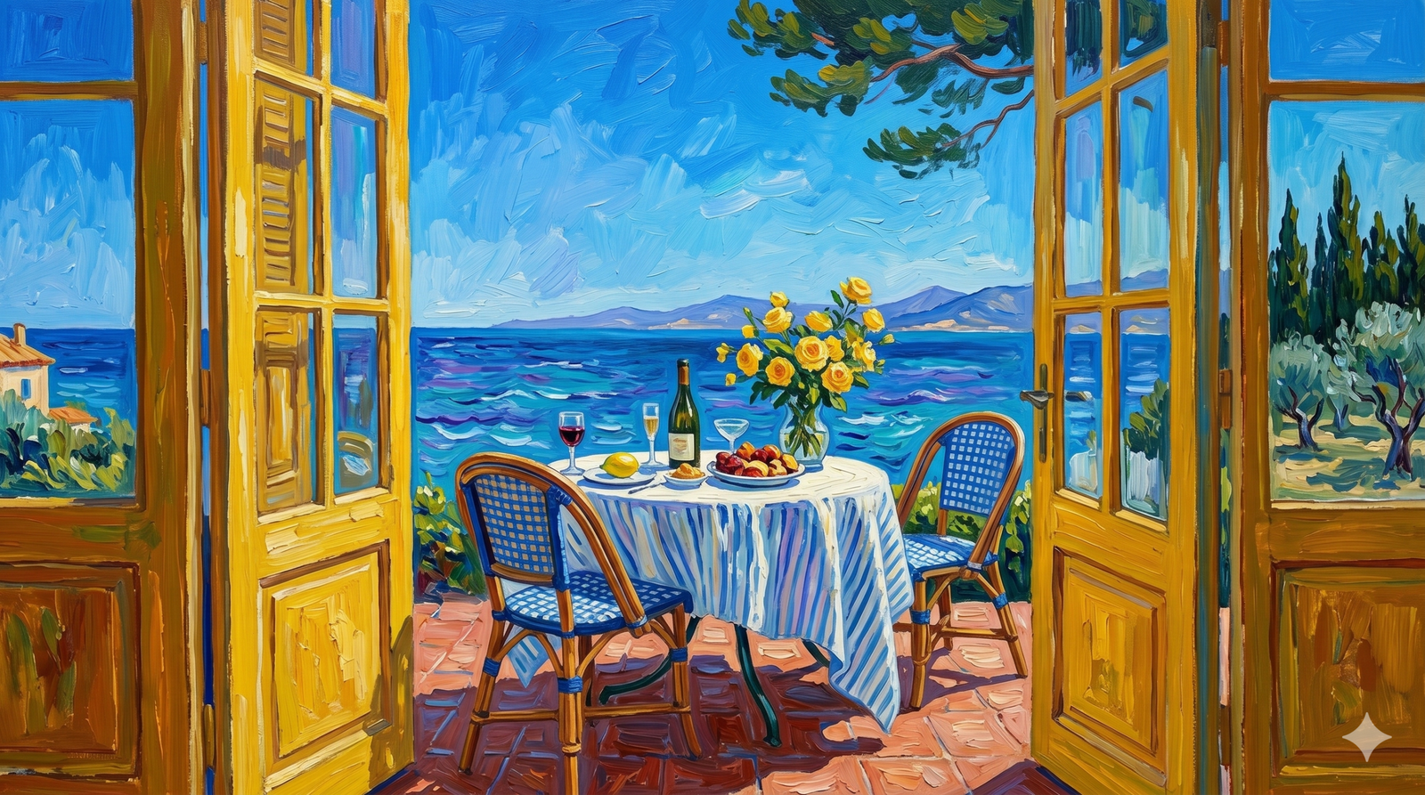 an Gogh tarzında, kalın fırça darbeleriyle resmedilmiş, açık sarı kapılardan masmavi bir denize bakan balkon manzarası. Masada şarap, meyve ve sarı çiçekler bulunuyor.