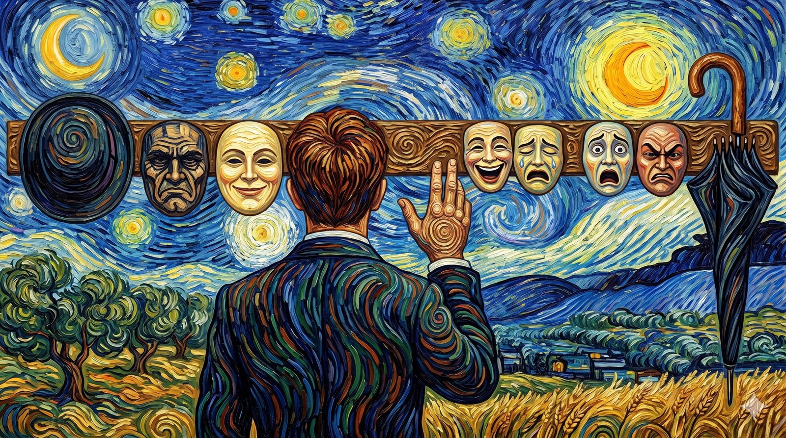 Van Gogh'un "Yıldızlı Gece" tarzında, sarmal fırça darbeleriyle resmedilmiş sürrealist bir tablo. Arka planda sarmal mavi gökyüzü, yıldızlar, bir hilal ve buğday tarlaları yer alıyor. Ön planda, arkası dönük siyah takım elbiseli bir adam, duvara asılı bir askılığa bakmaktadır. Askılıkta bir melon şapka, farklı duyguları (öfke, mutluluk, hüzün, şaşkınlık) temsil eden altı farklı maske ve bir şemsiye asılıdır.