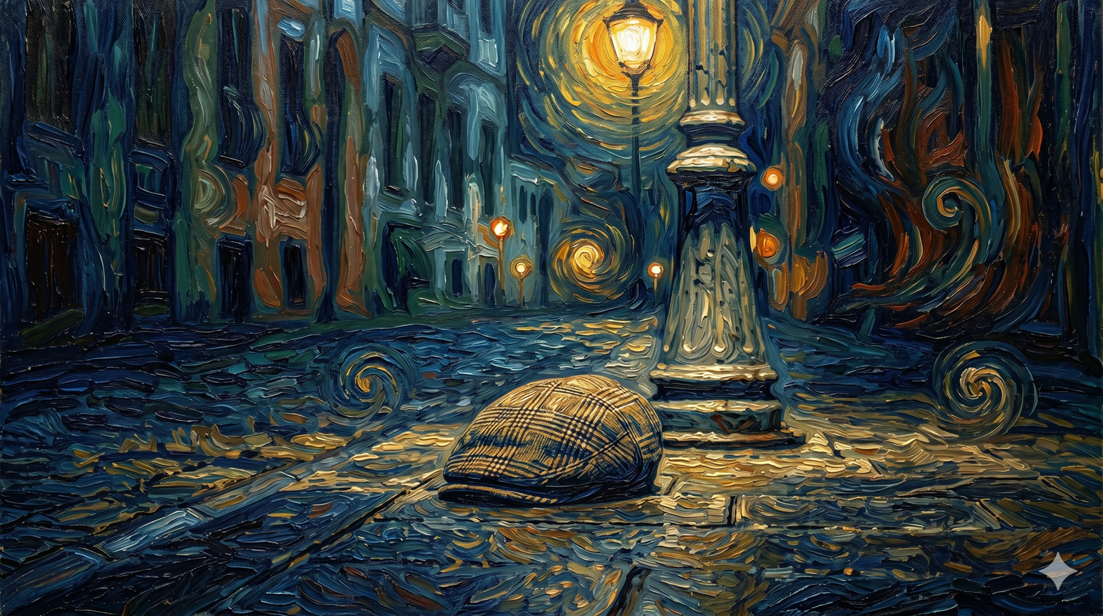 Gece vakti boş bir sokakta, bir sokak lambasının altında duran kasketin Vincent van Gogh tarzında yağlı boya yorumu; koyu mavi ve altın sarısı tonlarda dairesel fırça darbeleri ve yoğun dokulu bir zemin.