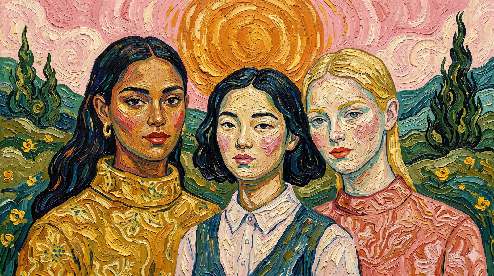 Vincent van Gogh'un post-izlenimci tarzında, kalın ve girdaplı fırça darbeleriyle yapılmış, farklı etnik kökenlerden üç kadını bir arada gösteren canlı ve dokulu bir portre tablosu.
