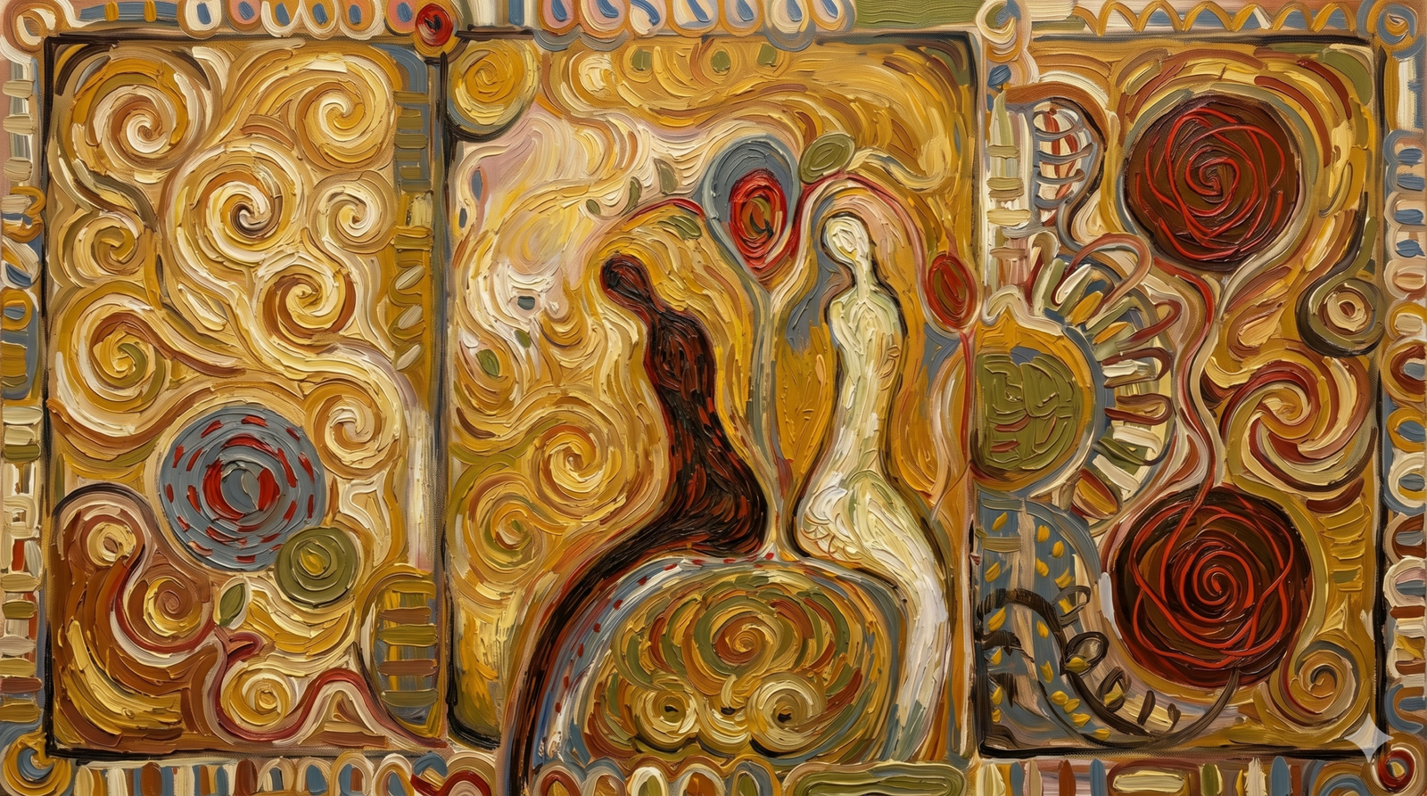Vincent van Gogh'un tarzında, kalın ve kıvrımlı fırça darbeleriyle (impasto tekniği) yapılmış, sarmal desenler ve soyut formlarla bezeli, altın ve toprak tonlarının hakim olduğu üç parçalı (triptik) karma teknik tablo.