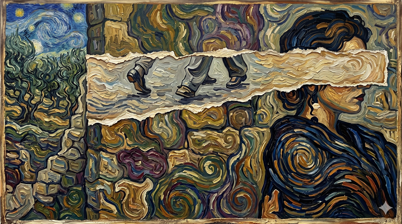 Merkezinde yatay, yırtık bir kâğıt şeridinin üzerinde yürüyen bacakların bulunduğu, Vincent van Gogh tarzında, canlı renkli ve dokulu bir sürrealist yağlı boya tablosu. Sol tarafta, dönen, girdaplı bir "Yıldızlı Gece" gökyüzünün altında bir zeytinlik ve taş bir yol yer alıyor. Sağ tarafta ise kâğıt şeridiyle gözleri kapatılmış, koyu mavi giysili bir kadının profili bulunuyor. Arka plan, dokulu, çok renkli taş bir duvar ve soyut dairesel desenlerle oluşturulmuş.