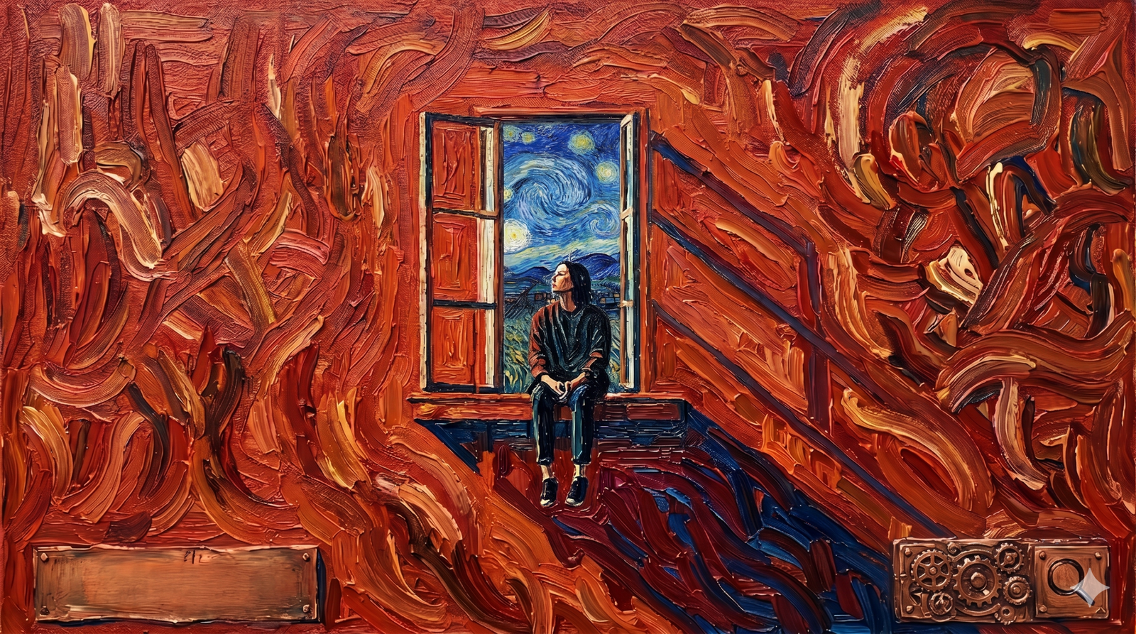 Vincent van Gogh'un post-empresyonist tarzında, yoğun ve dairesel fırça darbeleriyle işlenmiş, kırmızı tonların hakim olduğu bir duvarın ortasındaki pencerede oturan ve dışarıdaki "Yıldızlı Gece" benzeri gökyüzüne bakan yalnız bir figürün yağlı boya tablosu.