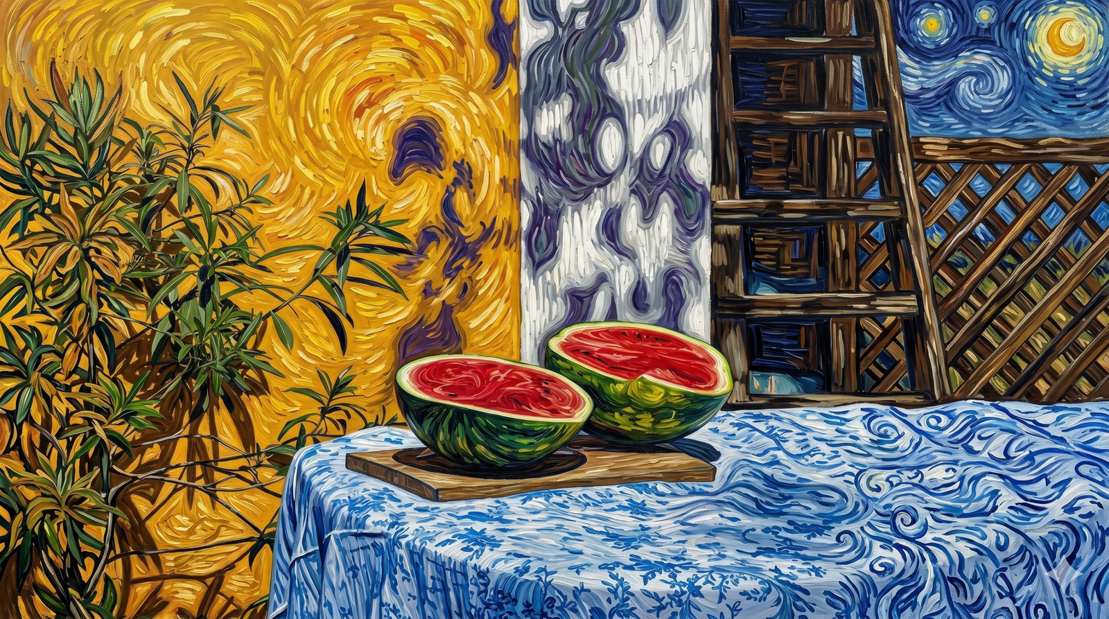 "Vincent van Gogh'un 'Yıldızlı Gece' tarzında, kalın impasto fırça darbeleriyle yapılmış sürrealist bir yağlı boya tablo. Ön planda, yüzünün ve saçının üst kısmı beyaz bulutlarla örtülmüş, profilden görünen bir kadın figürü yer alıyor. Arka planda sarı bir buğday tarlası, zeytin ağaçları, dağlar ve sarmal bulutlar, yıldızlar ve hilal ile dolu dönen mavi bir gökyüzü görülüyor."