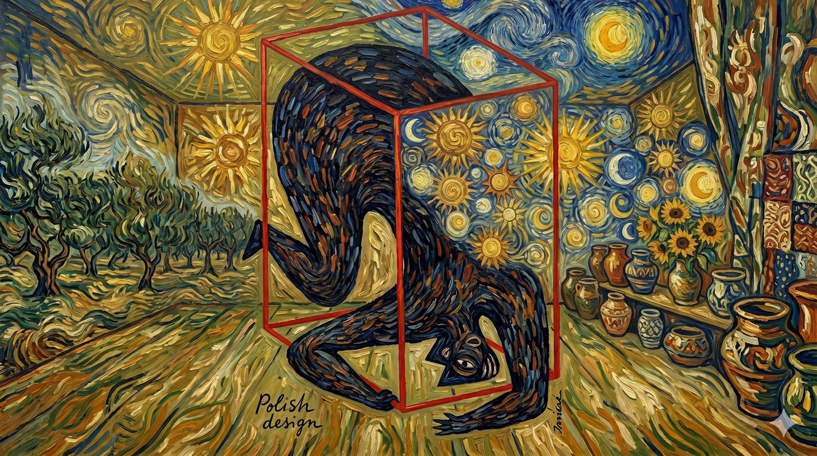 Vincent van Gogh'un post-izlenimci tarzında, kalın fırça darbeleriyle yapılmış sürrealist bir tablo. Merkeze yerleştirilmiş kırmızı, şeffaf bir küpün içine hapsolmuş, bükülmüş siyah amorf bir figür görülüyor. Arka planda "Yıldızlı Gece" benzeri sarmal gökyüzü, ay, güneşler, ayçiçekleri ve zeytin ağaçları ile dolu bir iç ve dış mekan birleşimi tasvir edilmiş. Sol altta "Polish design" yazısı yer alıyor.
