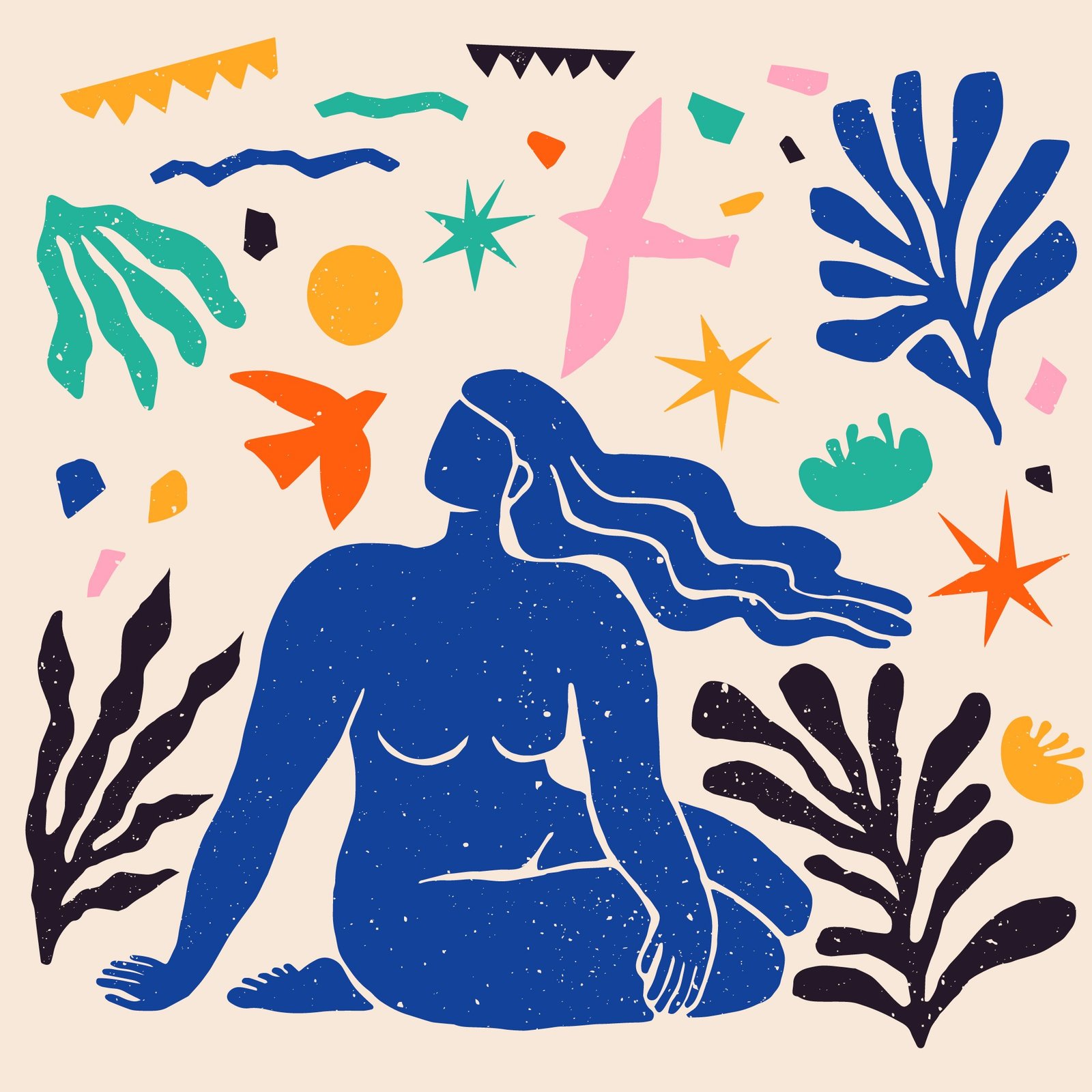 Henri Matisse tarzında, bej arka plan üzerinde mavi silüetli oturan bir kadın figürü ile çevresindeki renkli soyut bitki, kuş ve yıldız formlarının yer aldığı modern illüstrasyon.