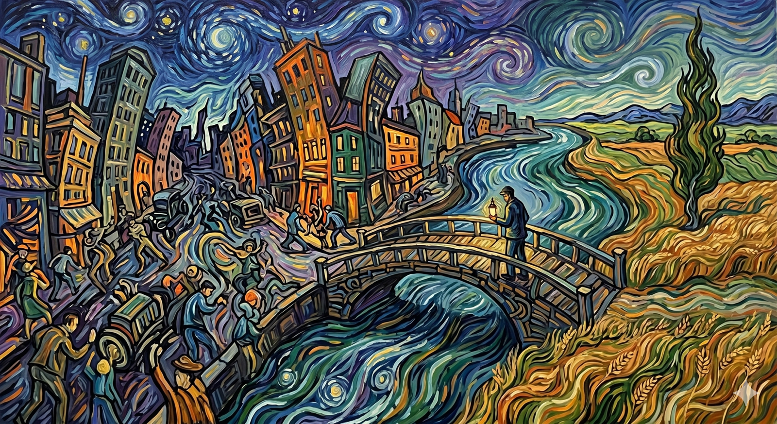 Vincent van Gogh'un "Yıldızlı Gece" stilinde, Tarih, Vicdan ve Coğrafya temalarını işleyen sürrealist bir yağlı boya tablosu. Sahnenin merkezinde, elinde fener tutan sırtı dönük bir figür, toprak ve yüzlerden oluşan bir yolda ilerliyor. Sol tarafta antik, yıkık dökük taş yapılar ve dumanlar; sağ tarafta ise modern, beyaz köy evleri ve selvi ağaçları yer alıyor. Altın sarısı buğday tarlalarının içinde ağlayan göz figürleri, yolun dokusunda ise insan yüzleri seçiliyor. Gökyüzü, devasa mavi ve mor girdaplar, parçalanmış bir dünya figürü ve ışık saçan bir hilal ile kaplı. Fırça darbeleri kalın, enerjik ve post-empresyonist tarzdadır.