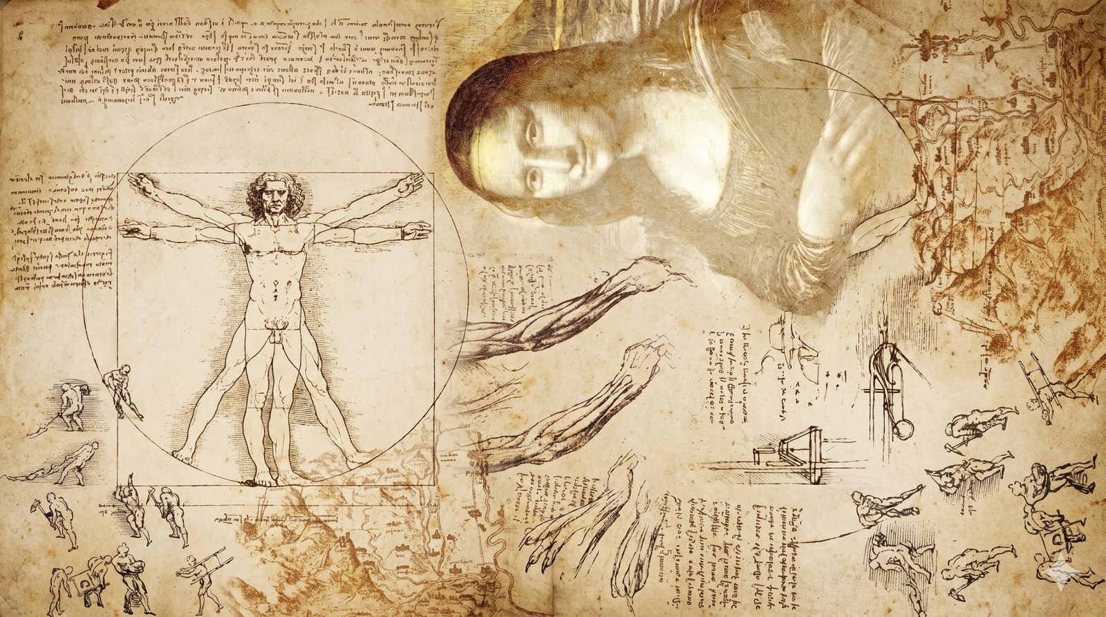 Leonardo da Vinci'nin Vitruvius Adamı, Mona Lisa, anatomik kol çalışmaları, çeşitli insan figürleri ve mühendislik çizimlerini içeren, eski parşömen kağıdı üzerine kahverengi mürekkeple yapılmış kolaj benzeri bir sürreal illüstrasyon.