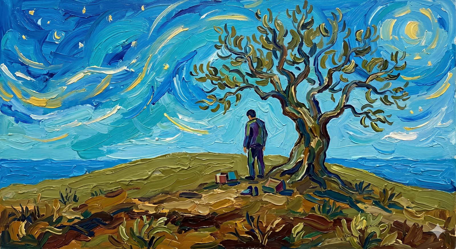 Van Gogh’un impasto tarzında yapılmış, kalın boya dokulu bir yağlı boya tablo. Yıldızlı, hareketli ve mavi bir gökyüzü altında, bir tepede duran yaşlı bir zeytin ağacı ve onun yanında sırtı dönük, hüzünlü bir erkek figürü. Yerde bir çanta ve bazı eşyalar görülüyor.