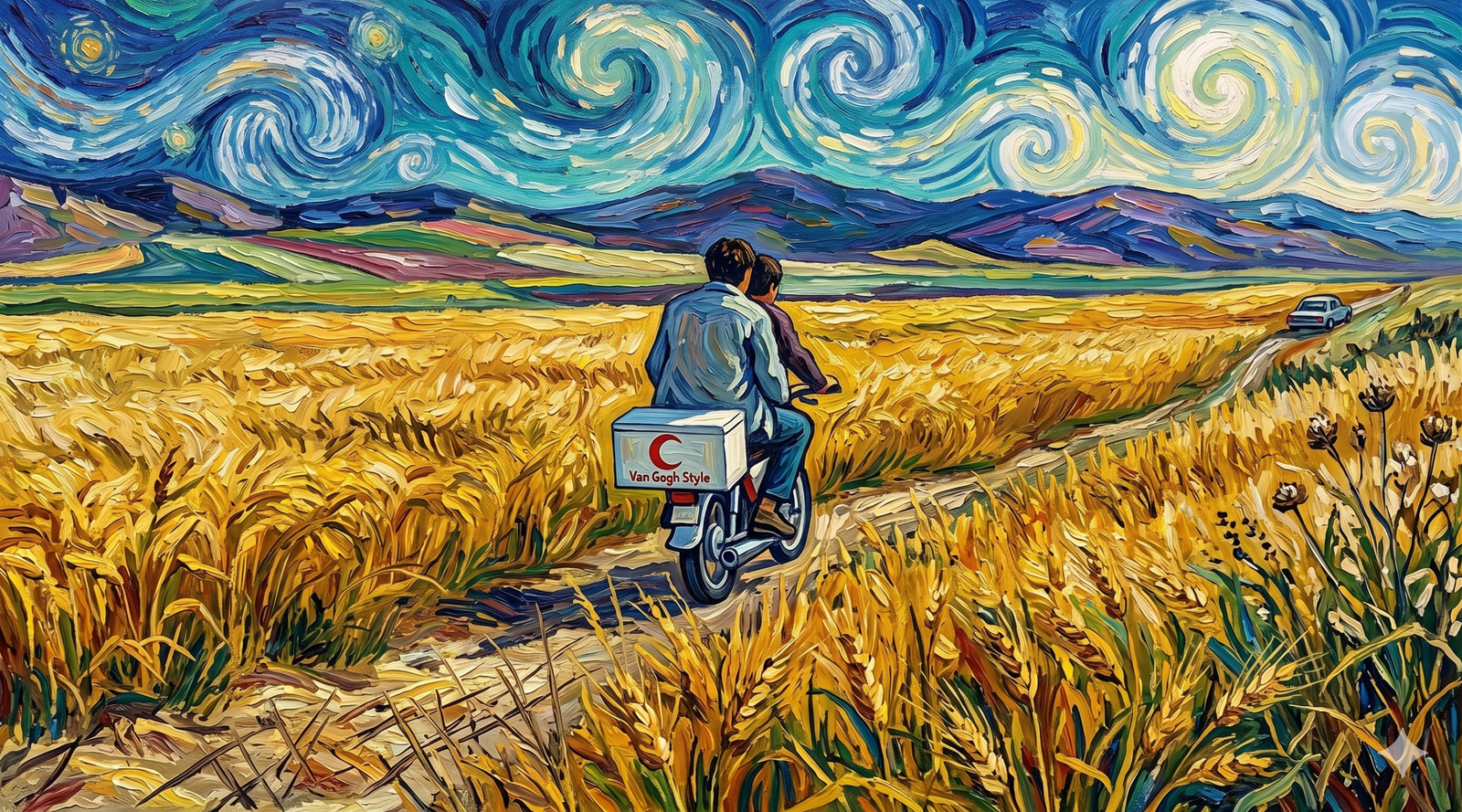 Abbas Kiyarüstemi'nin "Rüzgar Bizi Götürecek" filmindeki sahnelerden ilham alan, Vincent van Gogh'un Post-Empresyonist tarzında bir yağlı boya tablosu. Sahne, sırtı dönük iki adamın altın sarısı ve ocher renkli, dokulu buğday tarlaları arasındaki toprak yolda bir motosikletle (moped) gidişini gösteriyor. Motosikletin arkasındaki kutuda kırmızı bir hilal sembolü ve altında "Van Gogh Style" yazısı yer alıyor. Arka planda mavi, mor ve violet tonlarında dalgalı dağlar ve üzerinde girdaplı, helezonlu beyaz ve mavi bulutlarla dolu dramatik bir gökyüzü yükseliyor. Sağda, uzaklarda toprak yolda küçük bir araba görülüyor. Ön planda dokulu buğday sapları ve sağda yabani otlar yer alıyor. Renkler canlı ve fırça darbeleri belirgin.