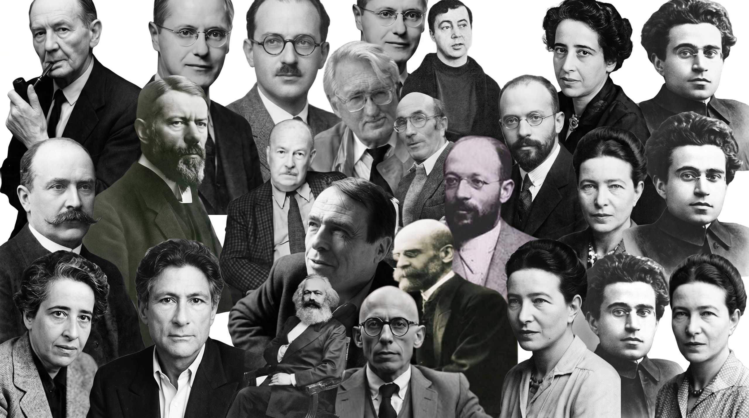 Karl Marx, Sigmund Freud, Michel Foucault, Hannah Arendt, Simone de Beauvoir ve Edward Said gibi tanınmış birçok filozof, sosyolog ve düşünürün portrelerinden oluşan, siyah-beyaz ve sepya tonlarında, kalabalık ve katmanlı bir kolaj çalışması.