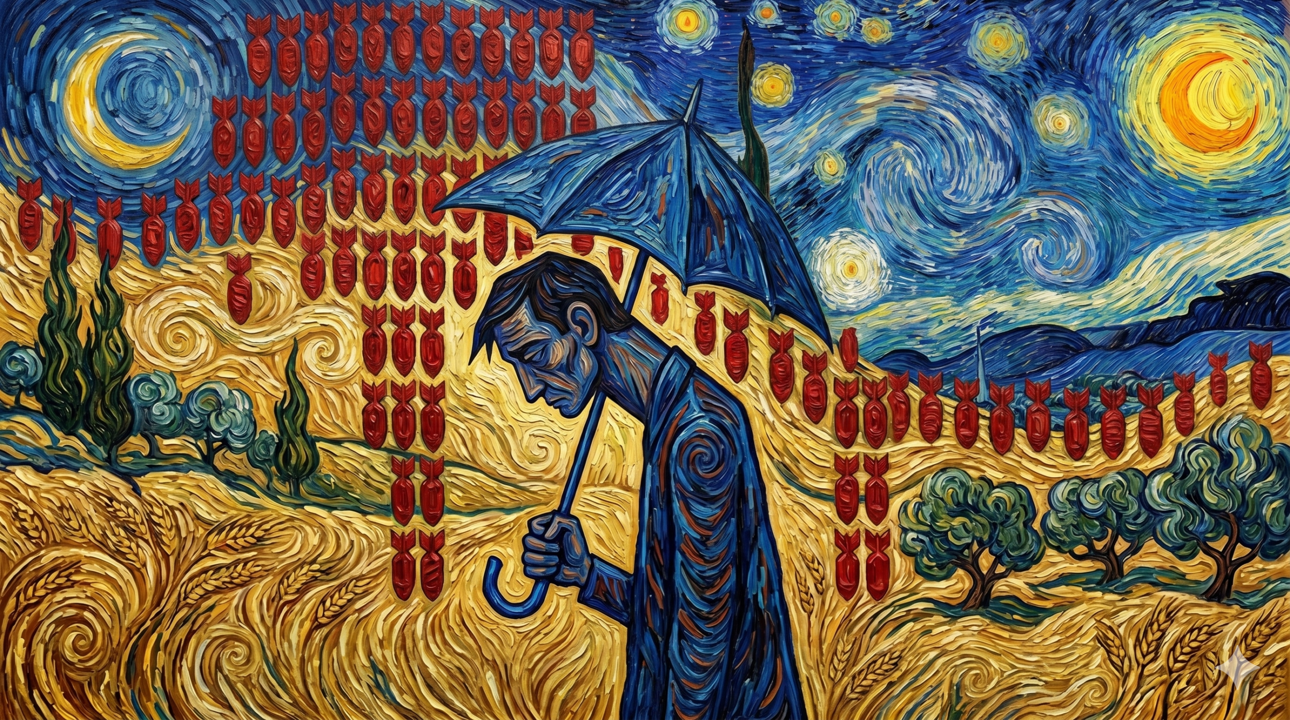 Vincent van Gogh'un "Yıldızlı Gece" tarzında, girdaplı fırça darbeleriyle yapılmış sürrealist bir yağlı boya tablosu. Merkezde mavi bir şemsiyeyle sola bakan üzgün bir adam, etrafında ve üzerinde düzenli sıralar halinde yüzen çok sayıda küçük kırmızı bomba uçuyor. Arka planda girdaplı bir gece gökyüzü, yıldızlar, bir hilal ve zeytin ağaçları ile buğday tarlaları görülüyor. Renkler canlı sarılar, derin maviler ve kırmızıların kontrastıyla dolu.