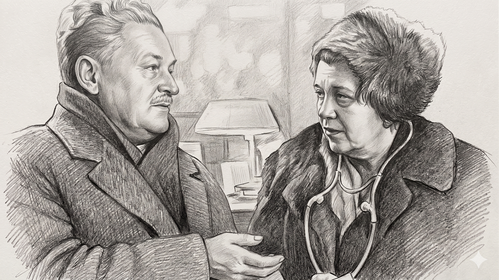Nazım Hikmet ve Suat Derviş'i bir arada gösteren nostaljik bir fotoğrafın kara kalem sanatsal illüstrasyonu. Solda Nazım Hikmet profilinden, sağda ise Suat Derviş ona dikkatle bakarken resmedilmiştir. Arka planda bir masa lambası ve iç mekân detayları yumuşak gölgelerle işlenmiştir.