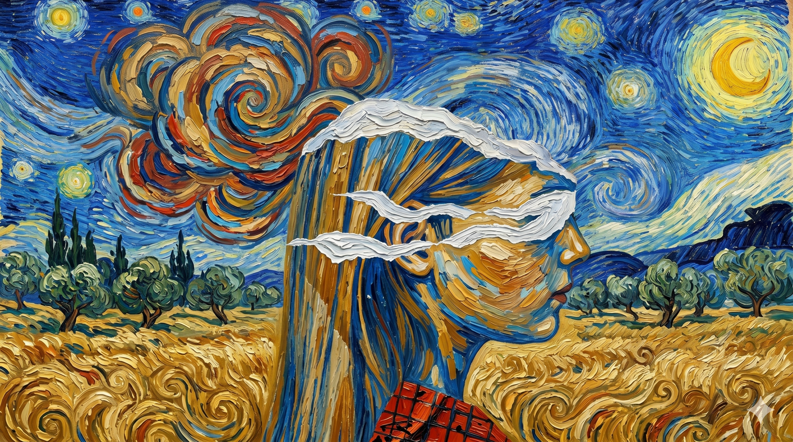 Vincent van Gogh'un Yıldızlı Gece tablosu tarzında, kalın impasto fırça darbeleriyle yapılmış sürreal bir yağlı boya tablo. Ön planda, yüzünün ve saçının üst kısmı beyaz bulutlarla örtülmüş, profilden görünen bir kadın figürü yer alıyor. Kadının arkasında sarı bir buğday tarlası, zeytin ağaçları, dağlar ve sarmal bulutlar, yıldızlar ve hilal ile dolu dönen mavi bir gökyüzü görülüyor.
