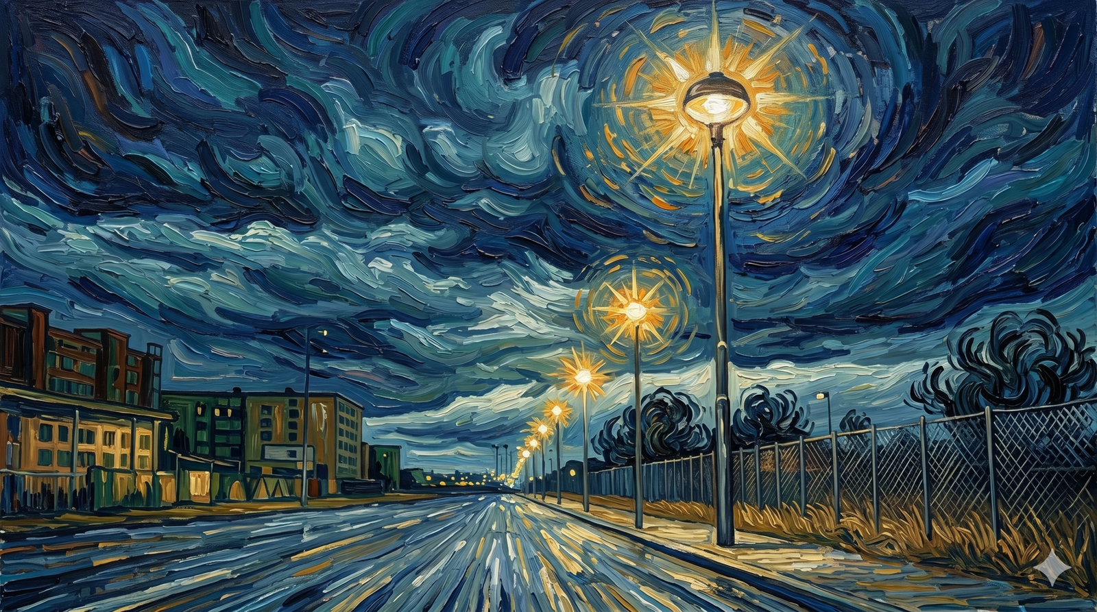 Vincent van Gogh'un post-izlenimci tarzında, kalın fırça darbeleri ve canlı renklerle yapılmış sürreal bir sokak manzarası. "Yıldızlı Gece" benzeri, girdaplı ve fırtınalı bir gökyüzünün altında, ıslak ve yansımalı bir asfaltta sıralanmış, her biri gökyüzündeki yıldızlar gibi parlayan bir dizi sokak lambası görülüyor. Sol tarafta stilize edilmiş binalar, sağ tarafta ise bir tel örgü ve çalılar yer alıyor. Görsel, orijinal dikey kompozisyonu yatay bir formatta genişletiyor.