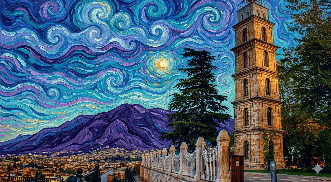 Vincent van Gogh'un "Yıldızlı Gece" tablosu tarzında yapılmış, Bursa'daki tarihi Tophane Saat Kulesi'nin bir Post-Empresyonist yağlı boya tablosu. Sahne, sağda duran çok katlı, taş saat kulesini, merkezdeki büyük bir selvi ağacını, arka plandaki mor Uludağ'ı ve aşağıdaki ovaya yayılmış Bursa şehrini gösteriyor. Gökyüzü, ikonik dönen, girdaplı mavi, turkuaz ve violet fırça darbeleri ve parlak bir ayla (yıldız) kaplıdır. Ön plandaki terasın taş ve ferforje korkulukları, fırça darbeleriyle vurgulanmış dokuya sahiptir.
