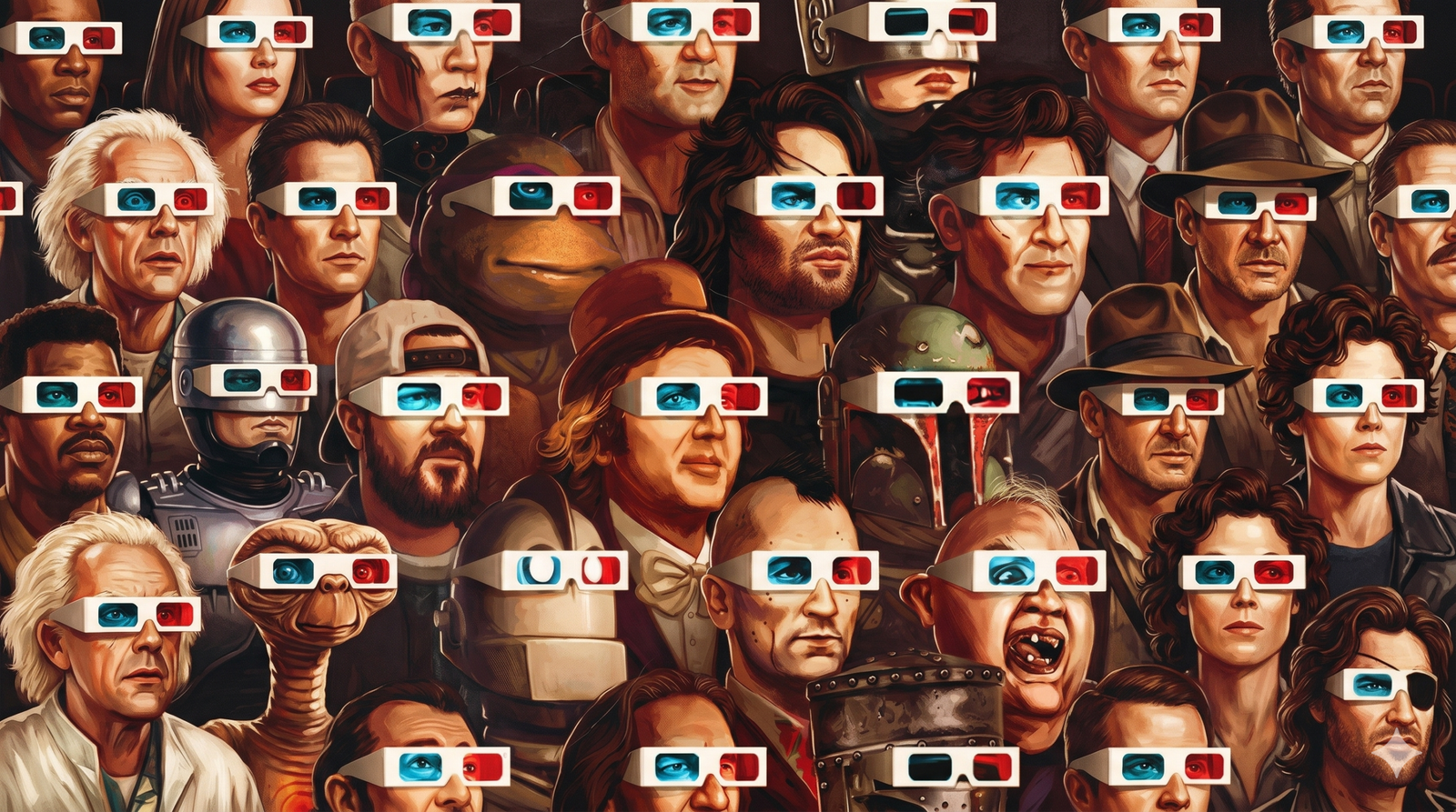 "Screenshot 2026-04-30 at 16.14.37.jpg" dosyasındaki dikey kolaj yapısının korunarak, farklı popüler kültür karakterlerinin kırmızı ve mavi lensli 3D gözlükler taktığı geniş, yatay bir dijital illüstrasyon.