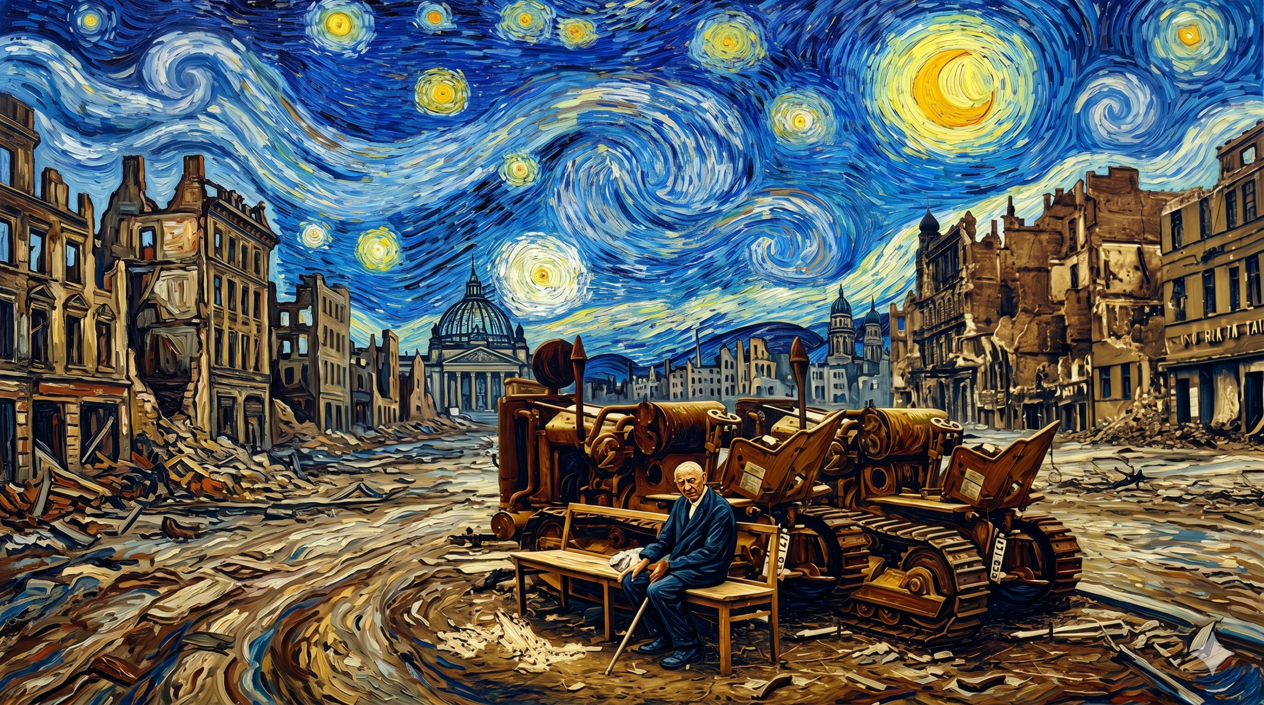 Vincent van Gogh'un "Yıldızlı Gece" tablosunu andıran, sarmal mavi gökyüzü, yıldızlar ve hilal ile dolu bir arka plan önünde, savaşın yıktığı, harabe halindeki binaların arasında oturan, elinde baston olan yaşlı bir adamın sürrealist bir yağlı boya tablosu. Adamın hemen yanında, sarmal desenlerle kaplı, terk edilmiş iki paletli dozer görülüyor. Ön planda karla kaplı alanlar ve sağda zeytin ağaçları, uzakta ise sarmal bir orman dokusu yer alıyor. Eser, kalın impasto fırça darbeleriyle oluşturulmuş.