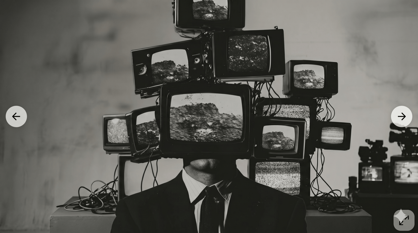 Siyah-beyaz bir atmosferde, başının yerinde üst üste yığılmış çok sayıda eski tip televizyon bulunan, takım elbiseli bir figürün yatay çekim sanatsal fotoğrafı.