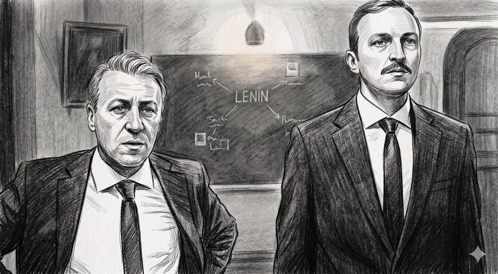 Kara kalem çizim tekniğiyle hazırlanmış, takım elbiseli ve kravatlı iki adamın portresi. Arka planda üzerinde "LENIN" yazan ve şemalar bulunan bir kara tahta yer alıyor.