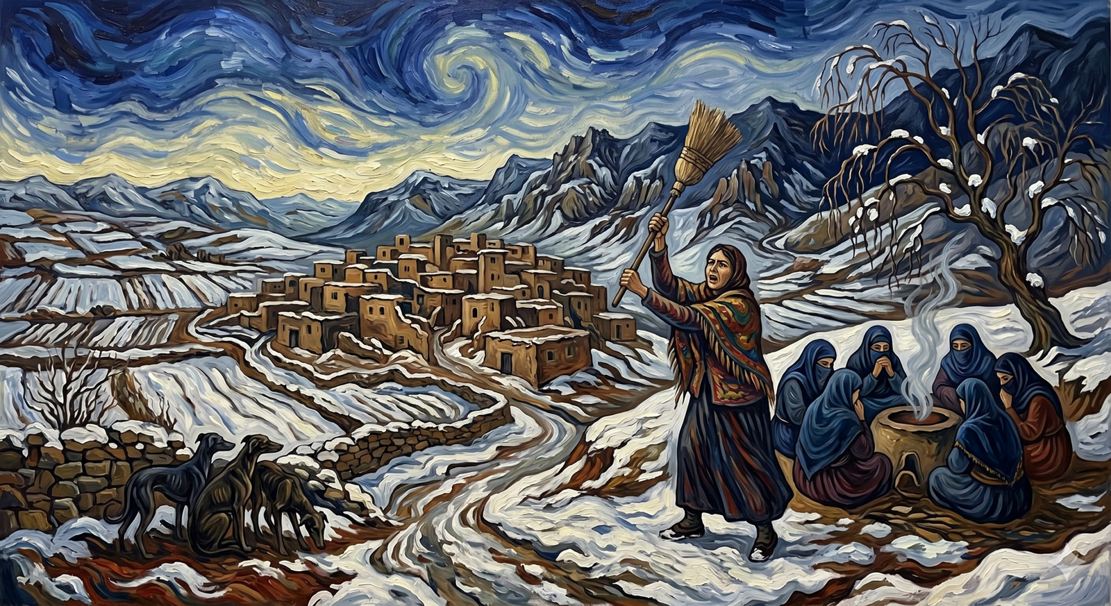 Van Gogh tarzında, karlı dağ köyünde elinde süpürgeyle haykıran köylü kadın ve ağıt yatan diğer kadınları gösteren yağlı boya tablo.
