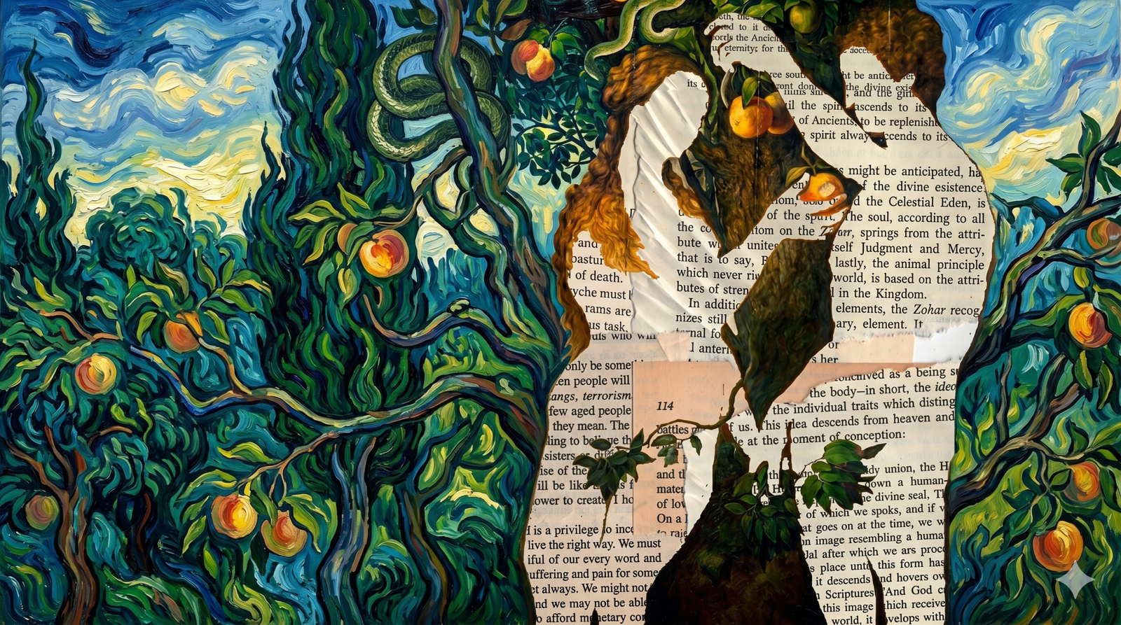"Screenshot 2026-04-30 at 16.06.05.jpg" dosyasındaki kolaj yapısının, Vincent van Gogh'un post-izlenimci tarzıyla harmanlandığı; selvi ağaçları, meyveler ve metin parçalarının dinamik fırça darbeleriyle birleştiği yatay tablo.