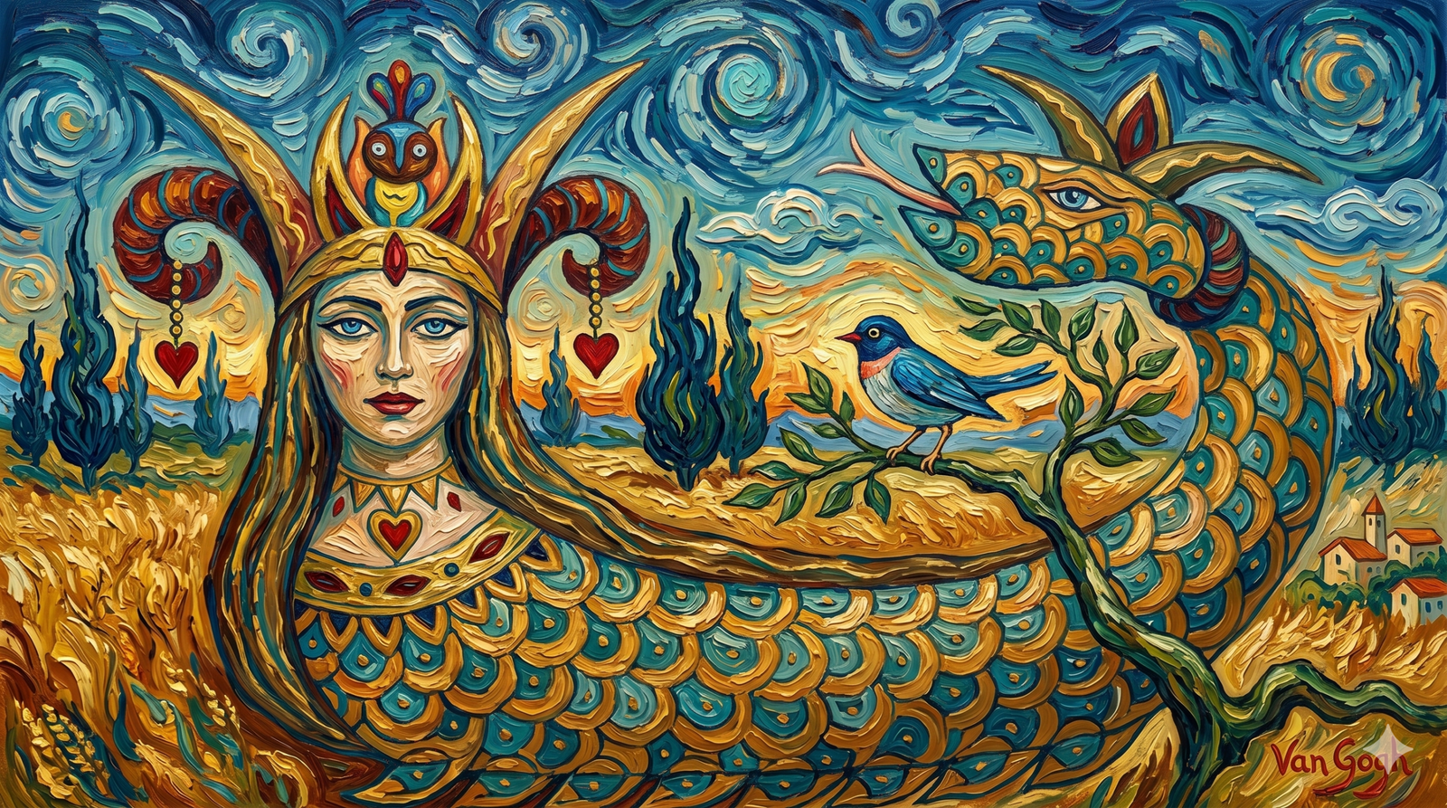 Şahmaran figürünün Van Gogh tarzında, buğday tarlaları ve dönen mavi gökyüzü önünde betimlendiği, post-izlenimci bir dijital illüstrasyon.