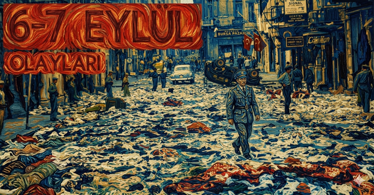 6-7 Eylül olaylarına ait ikonik bir arşiv fotoğrafının Vincent van Gogh'un post-empresyonist stilinde yeniden yorumlanmış hali. Görselde, yağmalanmış bir caddede yürüyen bir subay figürü ve yerlere saçılmış beyaz kumaş yığınları, Van Gogh'a özgü kalın, girdaplı fırça darbeleri ve yoğun sarı-mavi renk paletiyle betimlenmiştir. Sol üst köşede kırmızı bir zemin üzerinde "6-7 EYLÜL OLAYLARI" yazısı yer almaktadır.