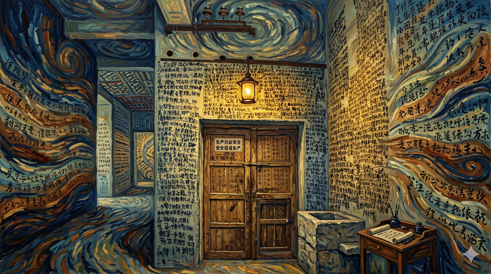 Vincent van Gogh'un post-izlenimci tarzında, yoğun fırça darbeleri ve sarmal desenlerle resmedilmiş bir oda içi sahnesi. Merkeze yakın, üzerinde Çince yazıların olduğu eski ahşap bir kapı ve kapının üzerinde yanan bir fener yer alıyor. Odanın tüm duvarları yoğun el yazısı metinlerle kaplıyken, tavan ve köşeler Van Gogh'un "Yıldızlı Gece" eserini andıran mavi ve altın sarısı sarmal girdaplarla dolu. Sağ alt köşede üzerinde rulo kağıt ve yazı takımı olan küçük bir ahşap masa bulunuyor.