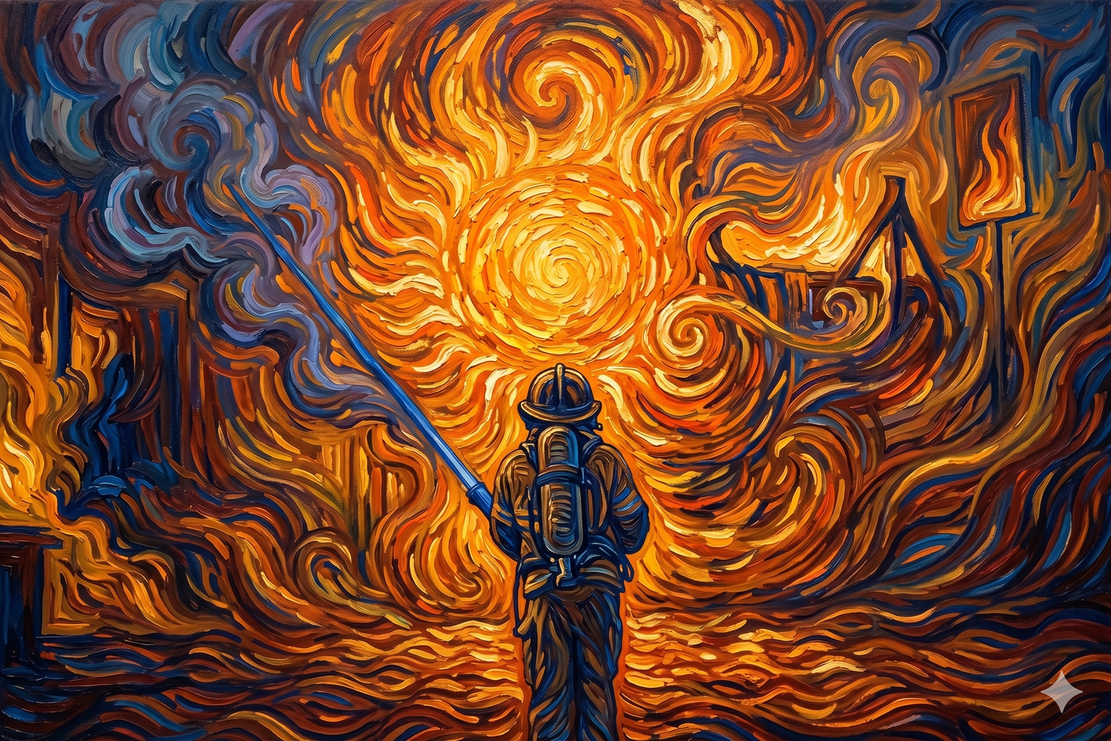 "Vincent van Gogh'un 'Yıldızlı Gece' tarzında, kalın ve kıvrımlı fırça darbeleriyle resmedilmiş, arkası dönük bir itfaiyecinin büyük bir yangına su sıktığı ekspresyonist yağlı boya tablo."