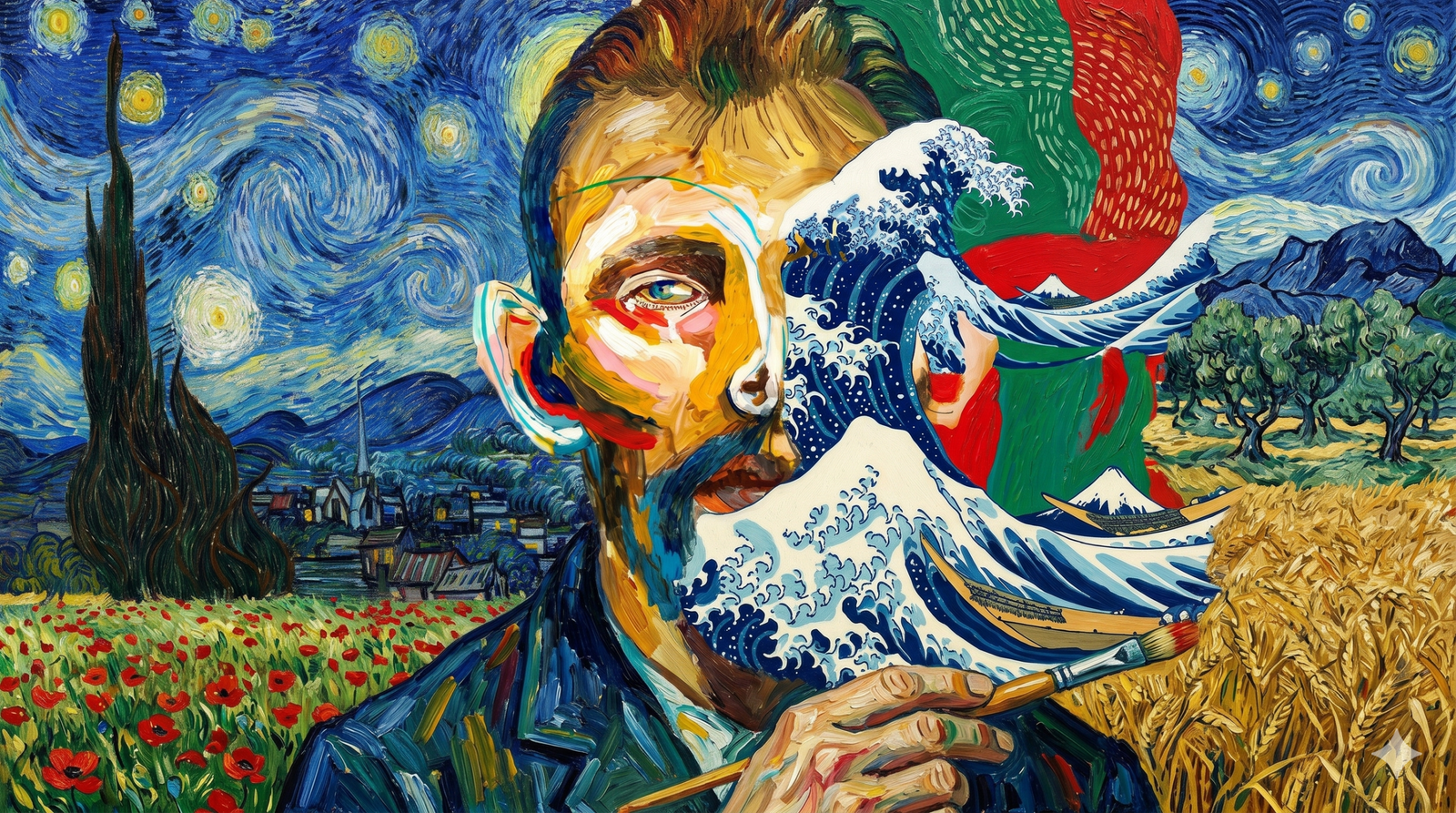 Vincent van Gogh'un otoportresini Hokusai'nin "Büyük Dalga"sı ve Van Gogh'un "Yıldızlı Gece", "Buğday Tarlası ve Selviler" ile "Gelincik Tarlası" eserlerinin unsurlarıyla birleştiren, yatay formatta, canlı renkli, sürrealist bir yağlı boya tablo. Figürün yüzünün sağ tarafı, dalgalar ve Fuji Dağı ile kaplanmıştır; sol tarafta ise Yıldızlı Gece gökyüzü, selviler ve gelincik tarlası görülmektedir.