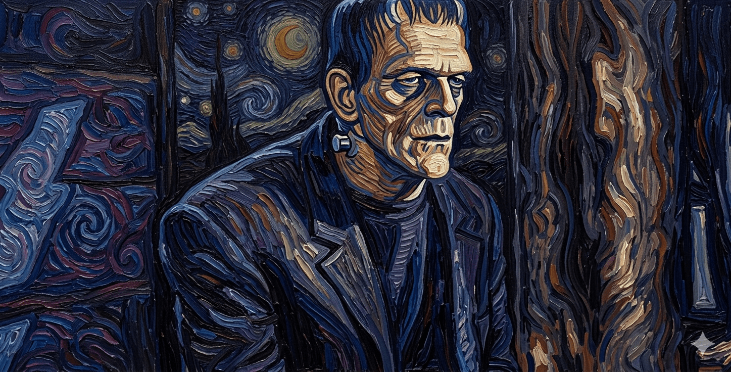 Frankenstein'ın canavarını Vincent van Gogh'un "Yıldızlı Gece" stilinde betimleyen Post-Empresyonist yağlı boya tablosu. Canavar, ağır impasto fırça darbeleriyle, yüz hatlarındaki derin gölgeler ve boynundaki metal cıvata ile sağa doğru bakarken resmedilmiştir. Arka planda, gece gökyüzünde Van Gogh tarzı dönen mavi ve turkuaz girdaplar, parlak bir hilal ve yıldızlar görülmektedir. Tüm kompozisyon, sanatçının karakteristik enerjik ve dokulu fırça tekniğini yansıtmaktadır.