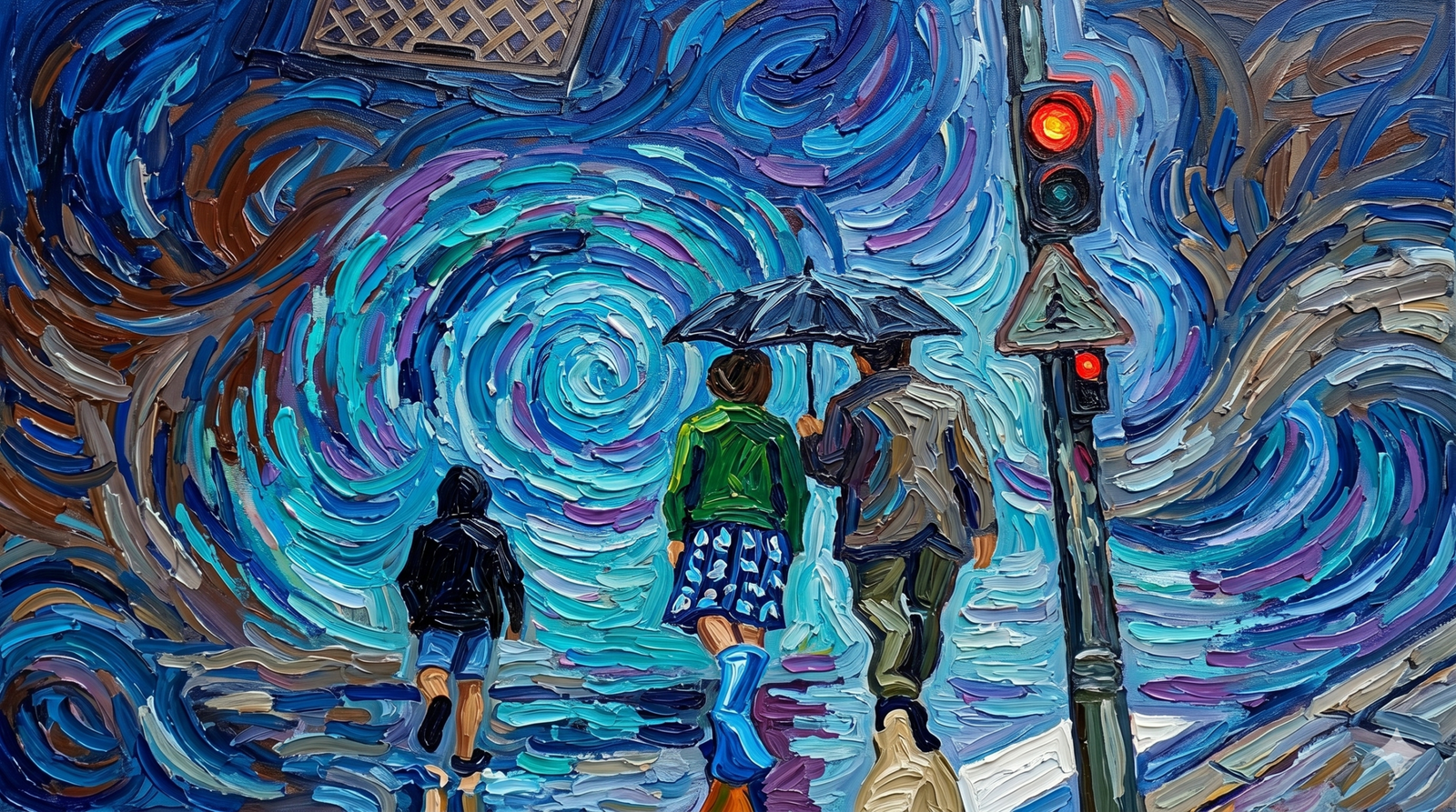 Vincent van Gogh'un post-empresyonist stilinde, yağmurlu bir sokak sahnesini betimleyen yatay bir yağlı boya tablo. Görselde, arkası dönük üç figür (yeşil ceketli bir kadın, şemsiyeli bir adam ve küçük bir çocuk) girdaplı mavi ve turkuaz bir atmosferde yürüyor. Sağ tarafta kırmızı ışığı yanan bir trafik lambası ve üst köşede bir kanalizasyon kapağı detayı görülüyor.