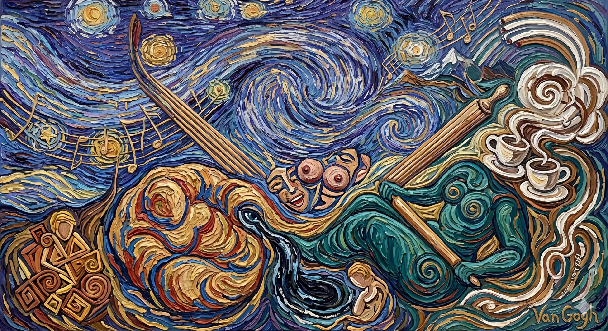 "Vincent Van Gogh tarzında, impasto yağlı boya tekniğiyle yapılmış soyut ve döngüsel bir kompozisyon. Görsel, 'Yıldızlı Gece' benzeri turbulent mavi ve mor girdaplardan oluşan bir gökyüzü vortex'ini merkezine alıyor. Bu vortex, iki büyük soyut kadın figürünün birleşimini sarıyor: Biri iri ve tombul (Safiye), diğeri daha ince ve oklava tutuyor (Zehra). Safiye'nin 'lacivert gözlerinden' süzülen derin bir acı, kuyu benzeri karanlık bir Gayya kanalına dönüşüyor. Figürlerin etrafında dekonstrükte edilmiş müzik notaları ('Rumeli türküleri'), oklavalar, kahve fincanları ve sıska sarı çocuk figürleri dekonstrükte edilerek kompozisyona entegre edilmiş. Renk paleti dense; coşkulu maviler, purpler, sarılar, ochre'lar ve limited kırmızılardan oluşuyor. Tüm elemanlar, memory ve pain'i sembolize eden irin ve ur benzeri, sarmal bir ip gibi birbirine bağlanmış. 'Van Gogh' imzası sağ altta, textured paint olarak yer alıyor."