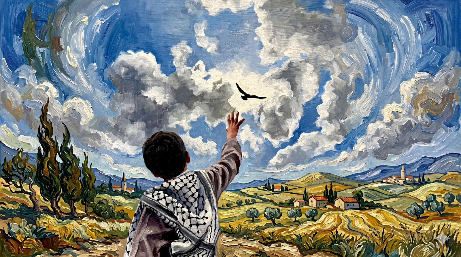 Gökyüzüne doğru elini uzatmış, üzerinde kefiye olan bir çocuğun Van Gogh'un post-izlenimci tarzında, kalın fırça darbeleri ve dönen bulutlarla betimlendiği yatay yağlı boya tablo.