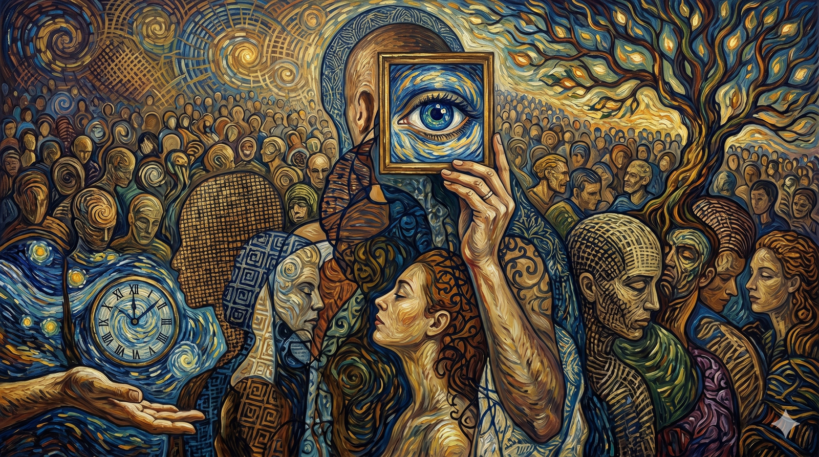 Vincent van Gogh'un post-izlenimci tarzında, canlı sarı ve mavi girdaplarla dolu yatay bir yağlı boya tablo. Kompozisyonun merkezinde, elinde bir gözün yer aldığı çerçeveyi tutan figürler, eriyen bir saat ve parlayan bir hayat ağacı gibi sürreal semboller, Van Gogh'un imza niteliğindeki kalın fırça darbeleriyle resmedilmiştir.
