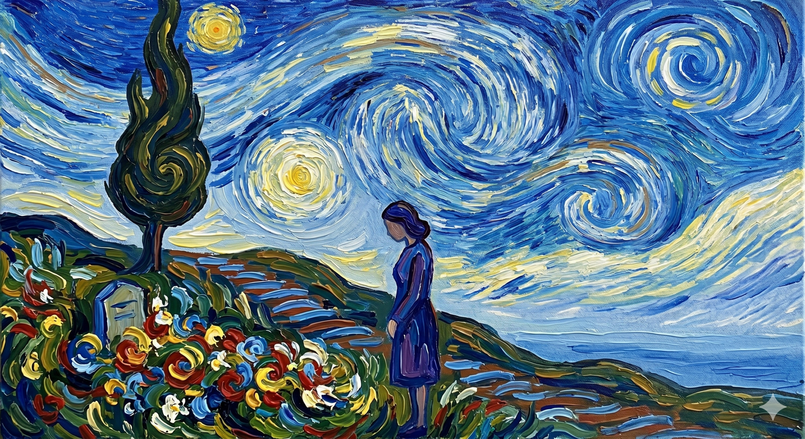 Van Gogh tarzında, impasto tekniğiyle yapılmış bir yağlı boya tablo. Yıldızlı ve girdaplı mavi bir gökyüzü altında, çiçeklerle dolu bir mezarın başında hüzünle duran kadın figürü. Sol tarafta uzun bir servi ağacı ve arka planda denize uzanan tepeler görülüyor.