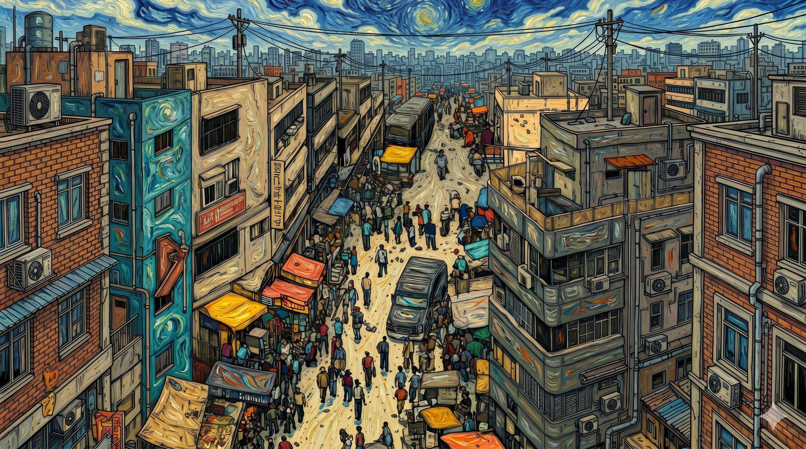Kalabalık bir şehir sokağının, Vincent van Gogh'un tarzında; kalın yağlı boya dokuları, dairesel fırça darbeleri ve gökyüzünde "Yıldızlı Gece"yi andıran sarı-mavi girdaplarla yeniden yorumlanmış yatay tablosu.