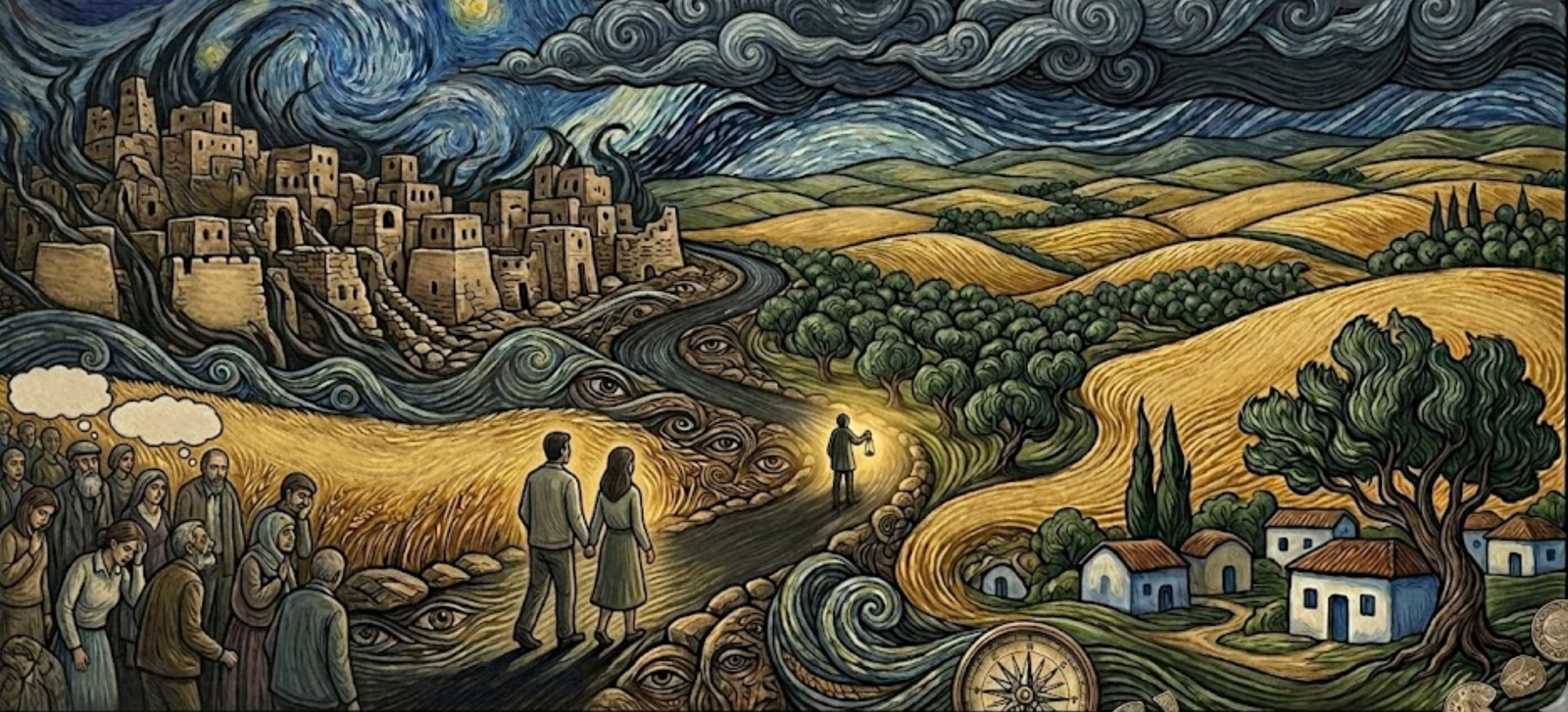 Vincent van Gogh'un post-empresyonist stilini anıran, "İç Çekişlerimiz" kitabındaki toplumcu gerçekçi temaları işleyen sürrealist bir tablo. Sol tarafta antik taş yapılar ve karanlık bir "Yıldızlı Gece" gökyüzü altında toplanmış, hüzünlü ve sıradan insan figürleri; sağ tarafta ise aydınlık bir gökyüzü altında beyaz köy evleri, zeytin ağaçları ve altın sarısı buğday tarlaları yer alıyor. Görselin merkezinde, elinde fener tutan bir figür karanlık taraftan aydınlık tarafa, vicdanın yoluna doğru ilerliyor. Yolun ve nehrin dokusunda gizlenmiş göz figürleri ve en alt kısımda kırık bir pusula ile antik madeni paralar görülüyor.
